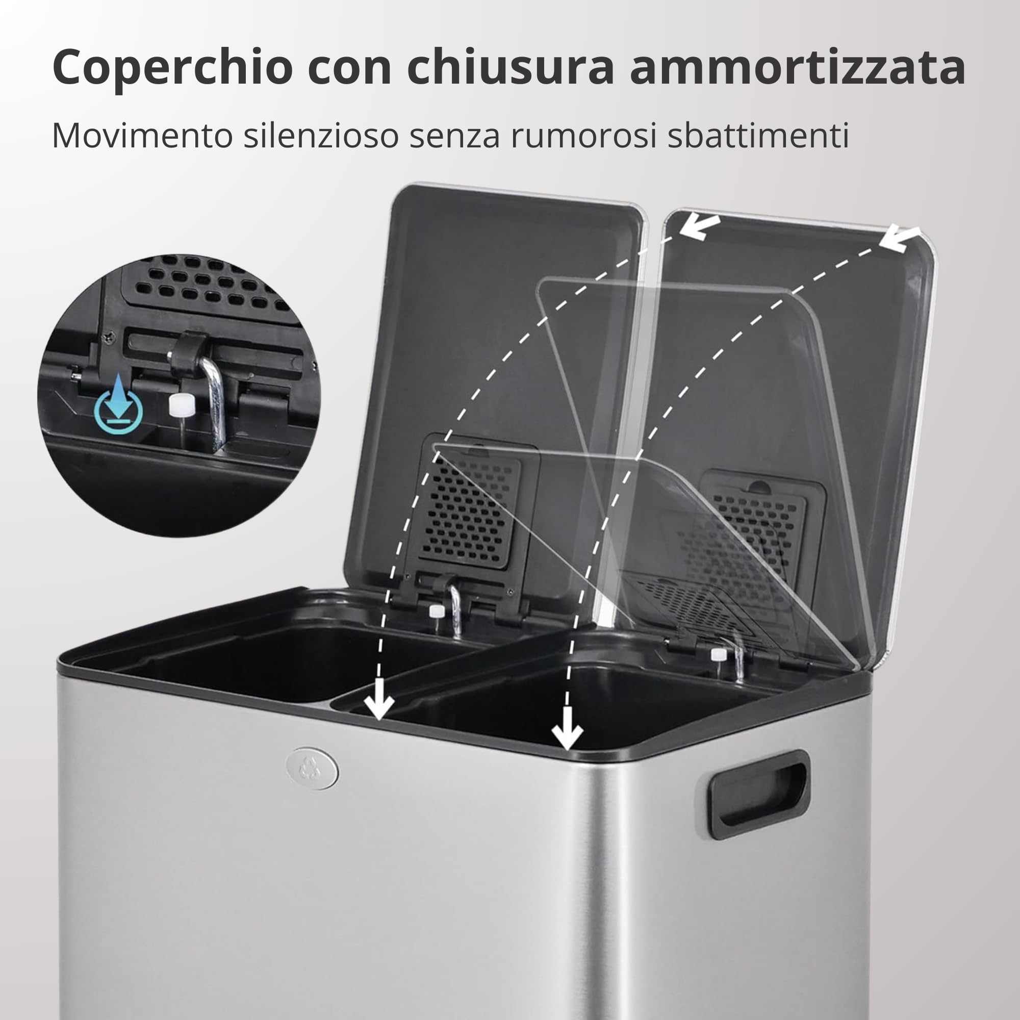 2 Contenitori per la Raccolta Differenziata da 30 L (60 L), Doppio Contenitore, Acciaio Inox Anti-impronta, con Coperchio a Chiusura Morbido e Pedale, Include 20 Sacchetti per Spazzatura
