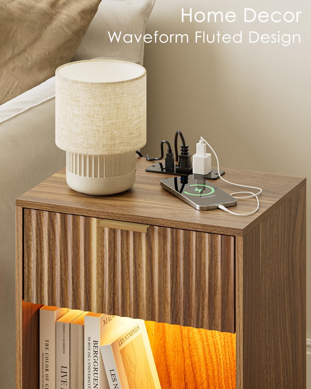 Masupu Fluted Nightstand with Charging Station and LED Lights,Modern Night Stand Wood Bedside Table with Storage Drawer Side End Table for Bedroom,Living Room,Office,Walnut Brown