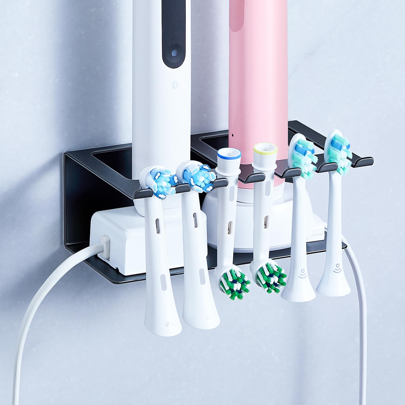 YYBO Toothbrush Holder Wall Mounted, Electric Toothbrush Holders for Bathroom, Toothbrush Head Holder with Brush Slots, Adhesive Toothpaste Razor Tooth Brush Holder Organizer (Black, Small)