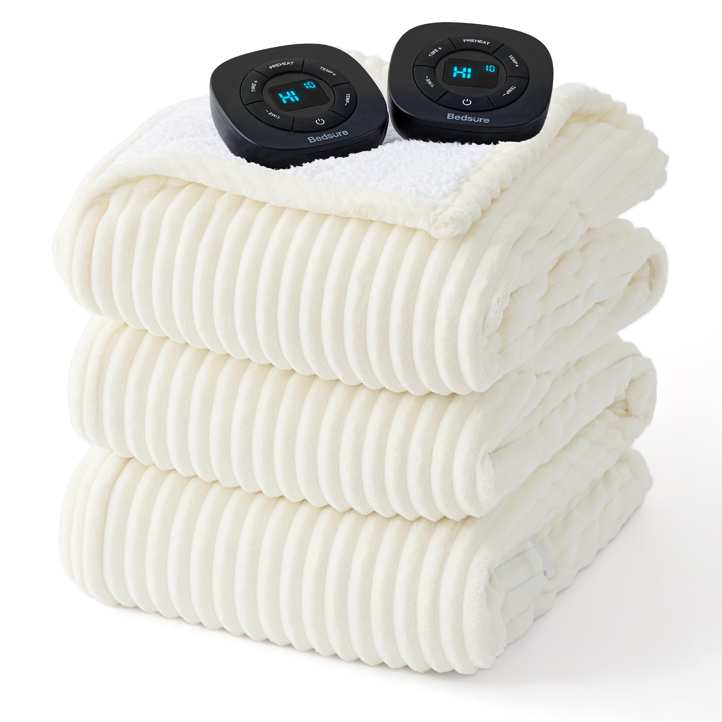 Bedsure Ribbed Electric Blanket King, Heated Blanket Coconut White, Preheat