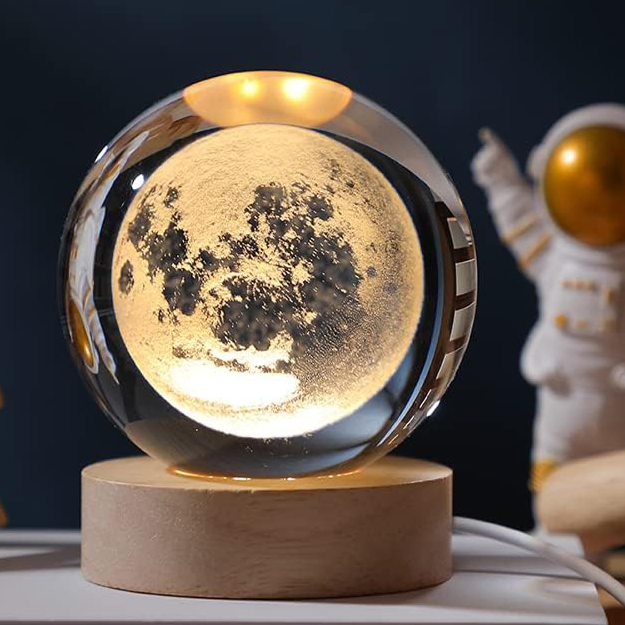 Tabletop Night Light Crystal Ball with Wood Base LED Night Lamp 3D Creative Saturn Astronomy Glaxy Night Lamp Fantasy Decoration Light for kid friend Birthday Gifts Room Decor (Moon, 8mm)