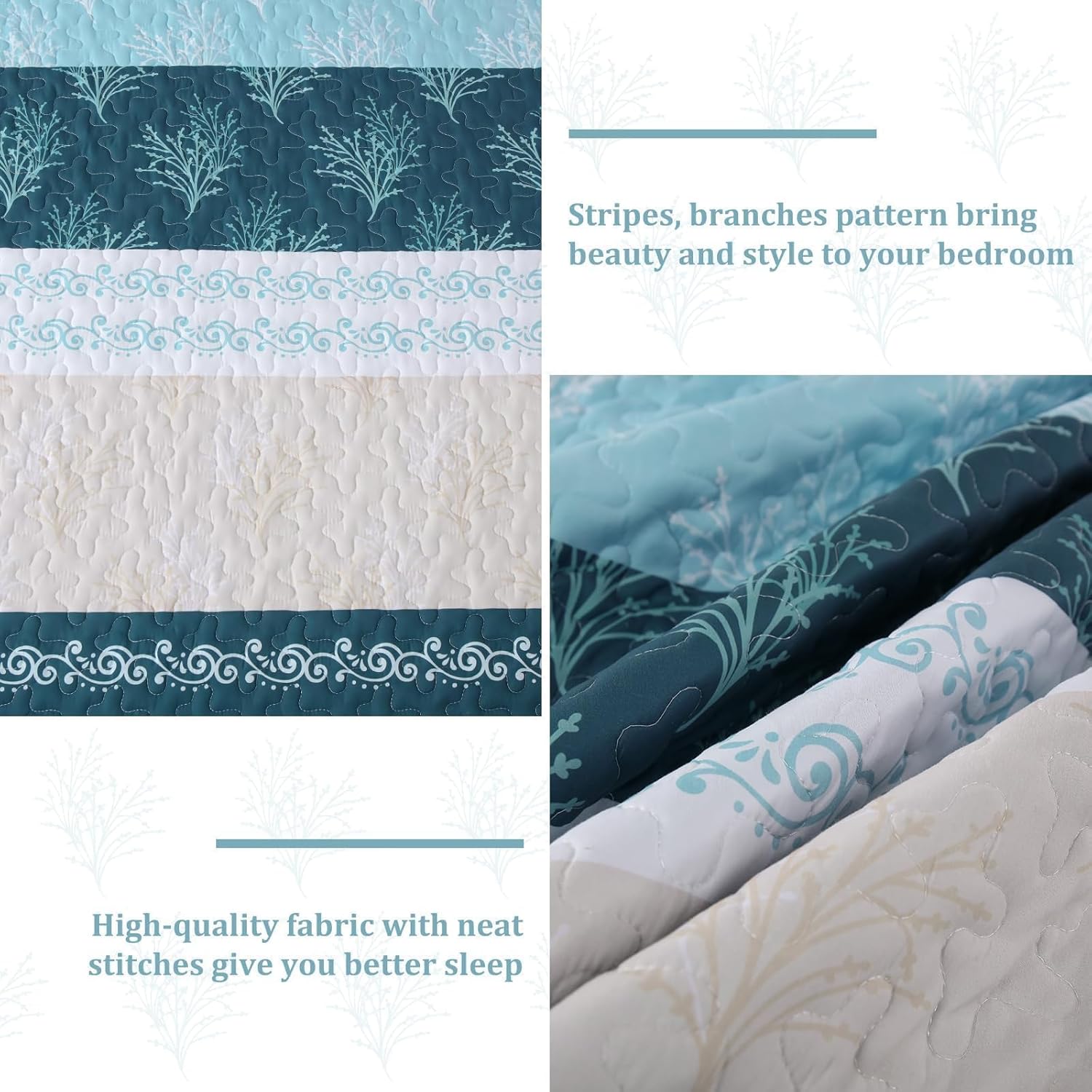DJY Quilt Set Queen Size Light Blue Boho Striped Floral Bedspread Coverlet Set, 3 Pieces Patchwork Stripe Soft Lightweight Summer Quilt Bedding Set with 2 Pillow Shams (Light Blue, 96"x90")