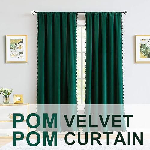 Miniatura 8 de Cortinas verdes con pompones de terciopelo para Navidad, cortinas de ventana de dormitorio de 84 pulgadas de largo para sala de estar, bolsillo para