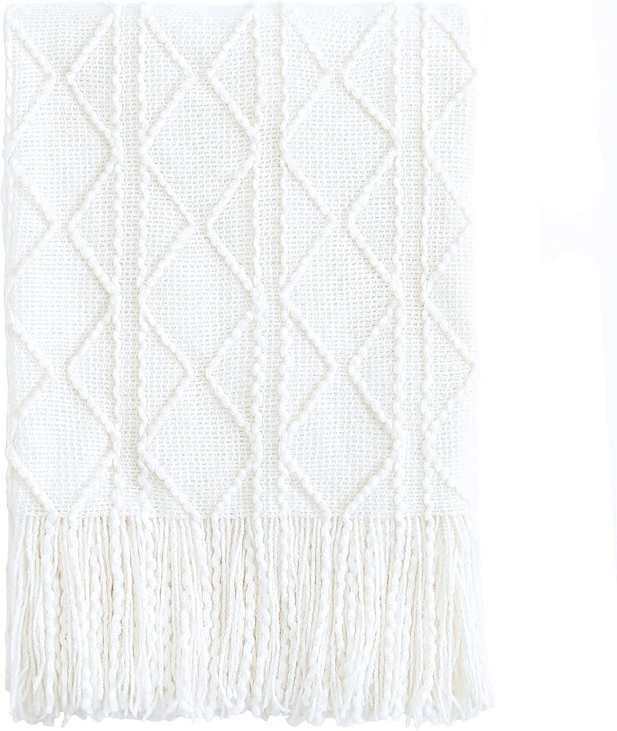 Lucian Knitted Throw Blankets White, Decorative Textured Cozy Throw, Lightweight Woven Blanket with Tassels for Couch, Bed, Sofa,Travel 50"*60",Suitable for Women Men and Kids