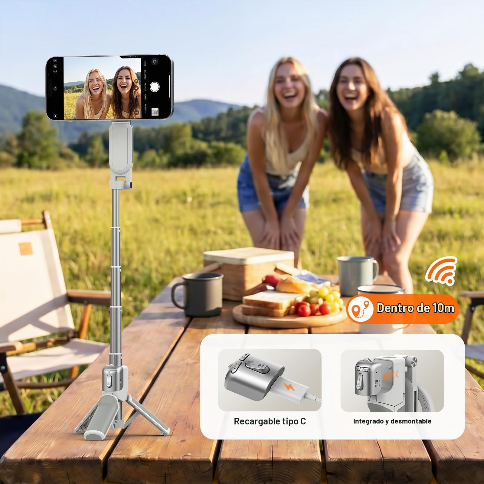 AMAZEAR Palo Selfie Tripode para Movil (4 en 1), Selfie Stick Negro