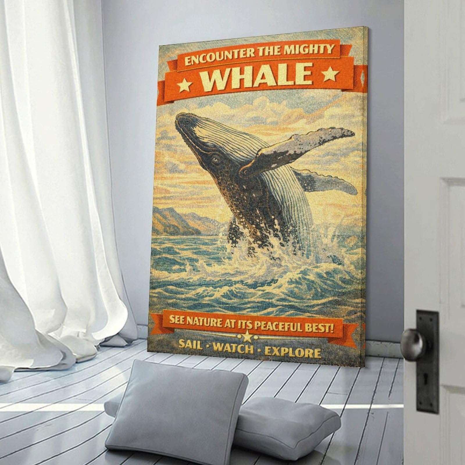 Junmoney Decorative Wall Artwork Mighty Whale Jumping Out of Water Vintage, 24x36inch(60x90cm), for Corridors, Hallways Or Apartment Entries, Wall Decor to Refresh Empty Corners