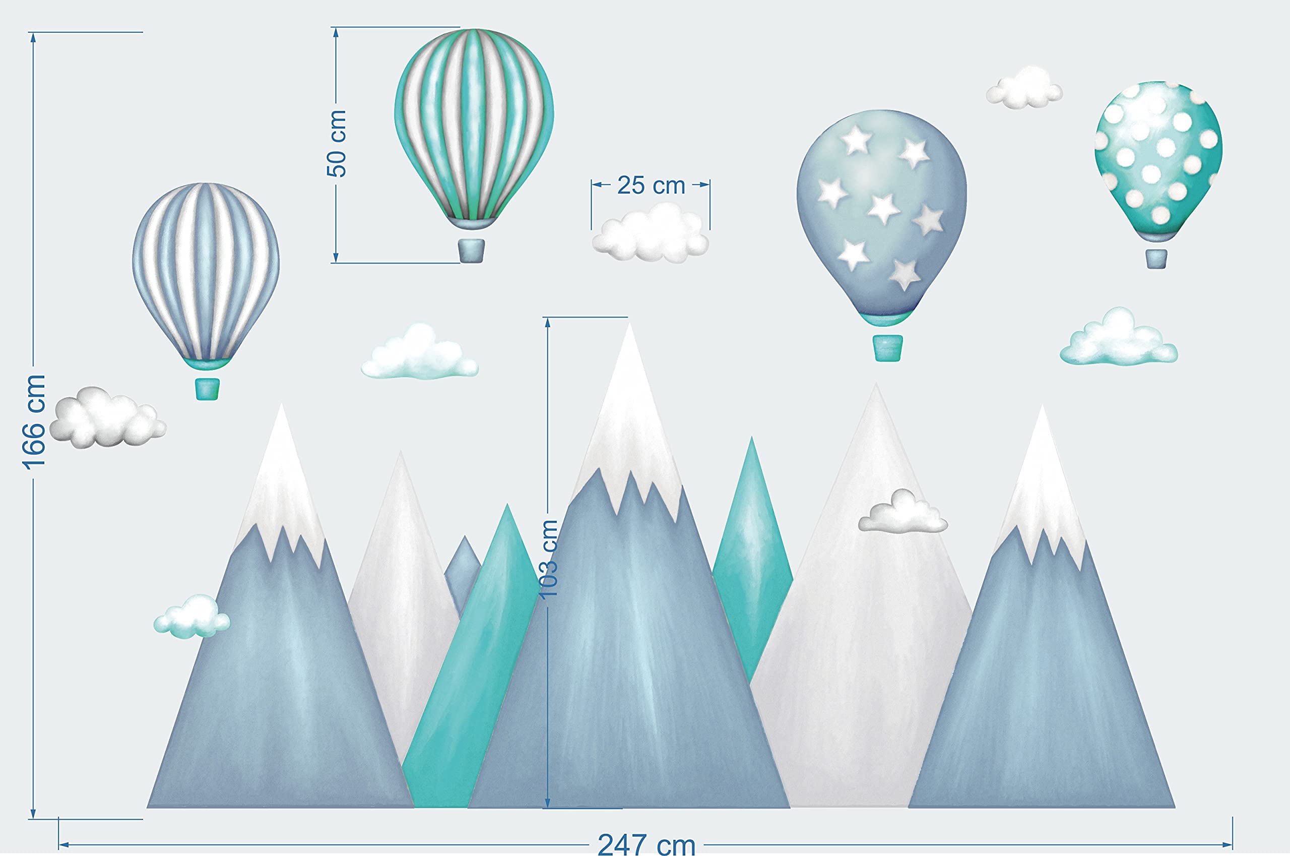 Pegatinas de Pared niños montaña montañas Paisaje Etiqueta de la Pared Globos Globo Nubes Cuarto de los niños decoración salón Infantiles Bebés Guardería escandinavo G22 XXL