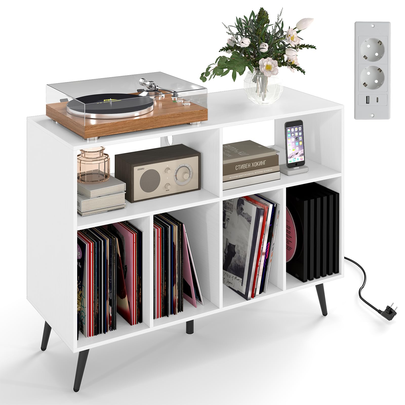 COSTWAY Meuble Rangement Vinyle pour Albums, 6 Compartiments, Rangement CD DVD Manga, 5 Pieds en Métal, Support pour Tourne-disque, Meuble Hifi, Bibliothèque Basse (Blanc,Avec prise)