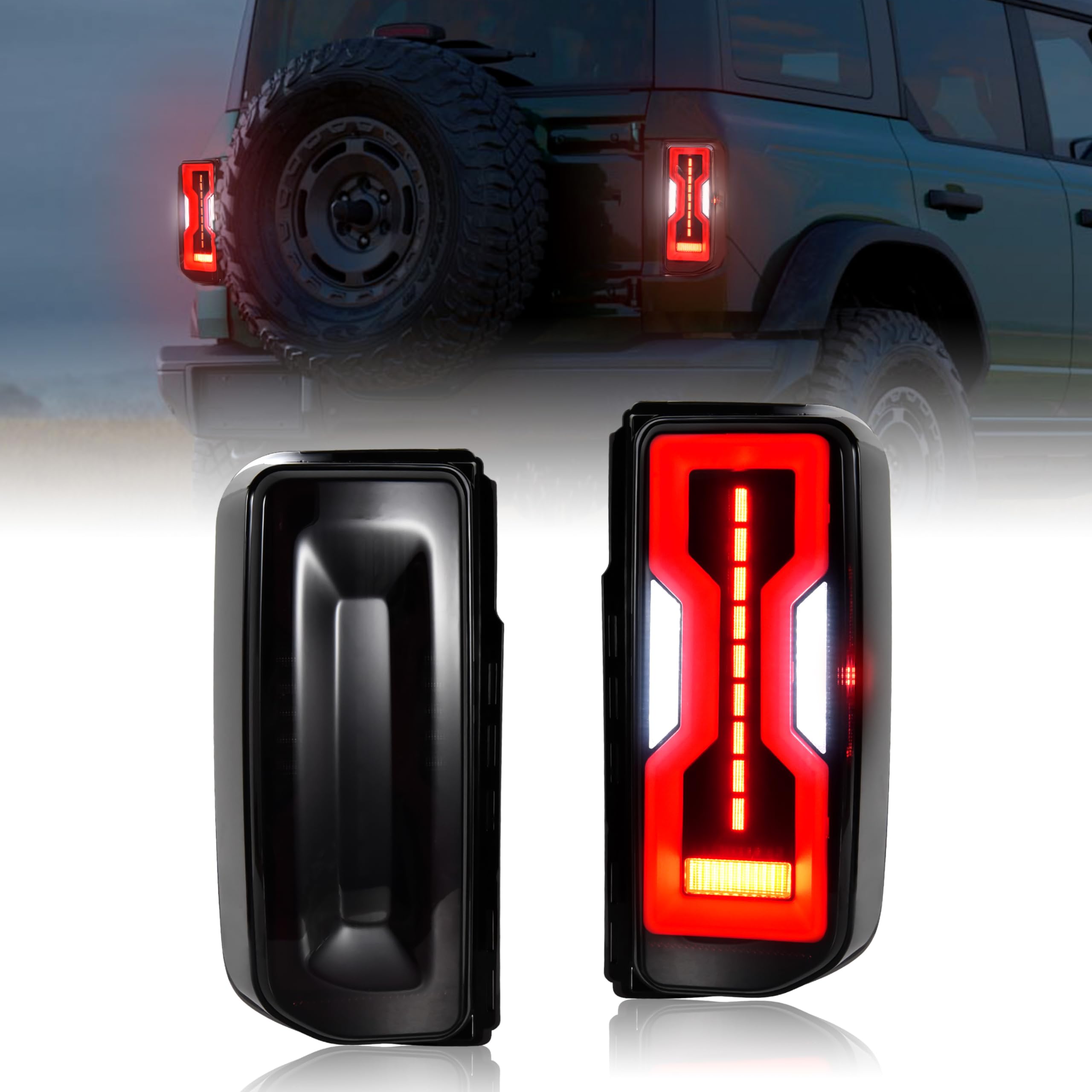Photo 1 of KEWISAUTO LED Tail Lights for 2021-2024 Ford Bronco 2/4 Door, Dynamic Animation DRL Smoked Taillights Replacement with Plug & Play Design - Halogen to LED Upgrade (2PCS)