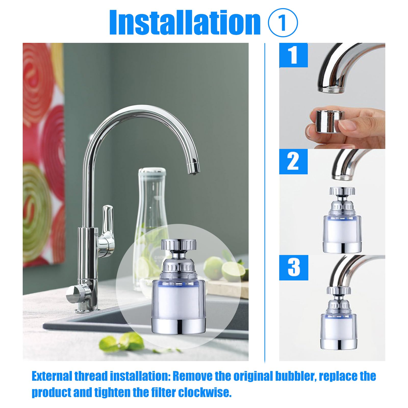 2 pezzi filtro acqua rubinetto,filtro anticalcare rubinetto cucina, con 6 pezzi di elemento filtrante in cotone PP e adattatore universale per lavello, cucina, bagno