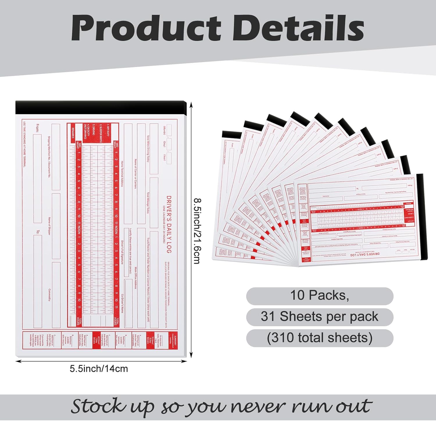 10 Pack 2026 New Driver Daily Log Book 8.5" x 5.5" Log Book with Detailed Driver Vehicle Inspection Report Recap for Truck, 2-Ply Carbonless (Typical) 10 Typical