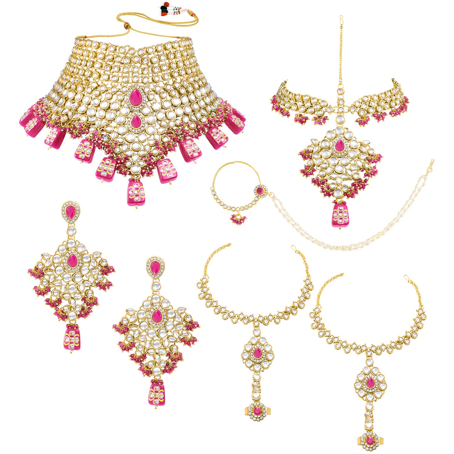 Peora Traditional Gold Plated Rani Pink Necklace Choker Maangtikka Nathiya Earrings Hath Panja Bridal Set for Women (B0CJFRR26B) Amazon Price History, Amazon Price Tracker
