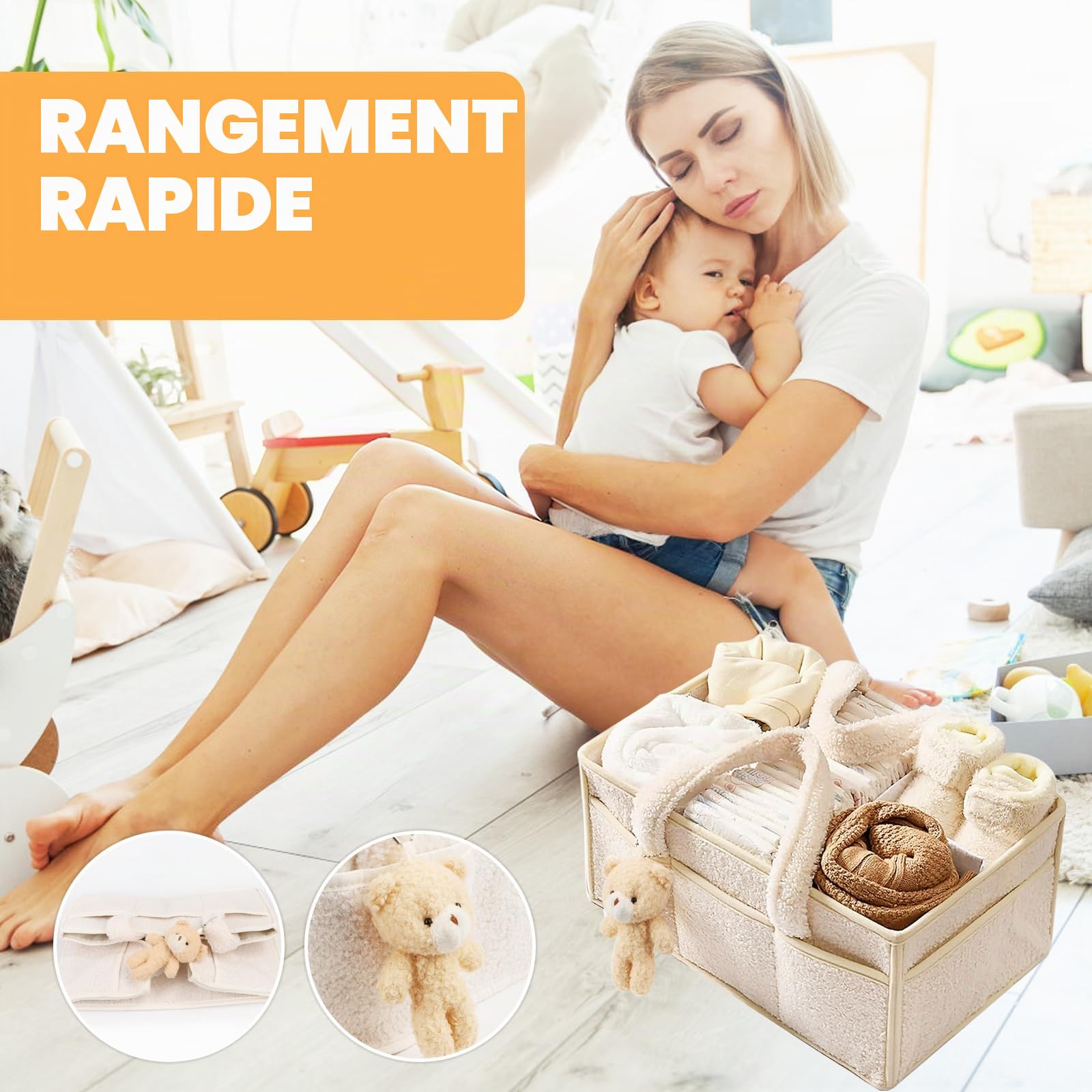 Wvu & Wvo Organiseur de couches pour table à langer, panier de rangement pour lingettes, organisateur de couches pour bébé, cadeau pour fête prénatale, organisateur pour voiture, organisateur pour