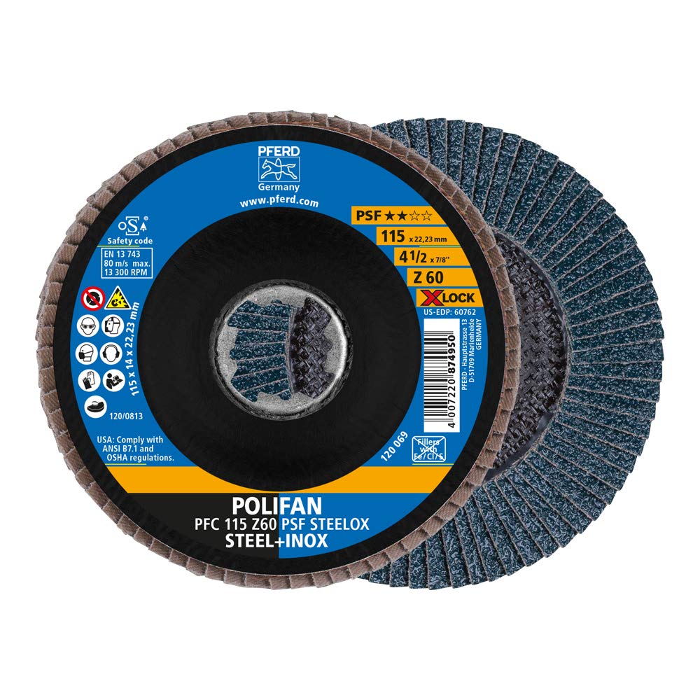 PFERD Lot de 10 disques à lamelles Polifan - 115 mm - Z60 - X-LOCK (22,23 mm) - PSF STEELOX - Pour une grande économie grâce à un usinage agressif avec une bonne durée de vie