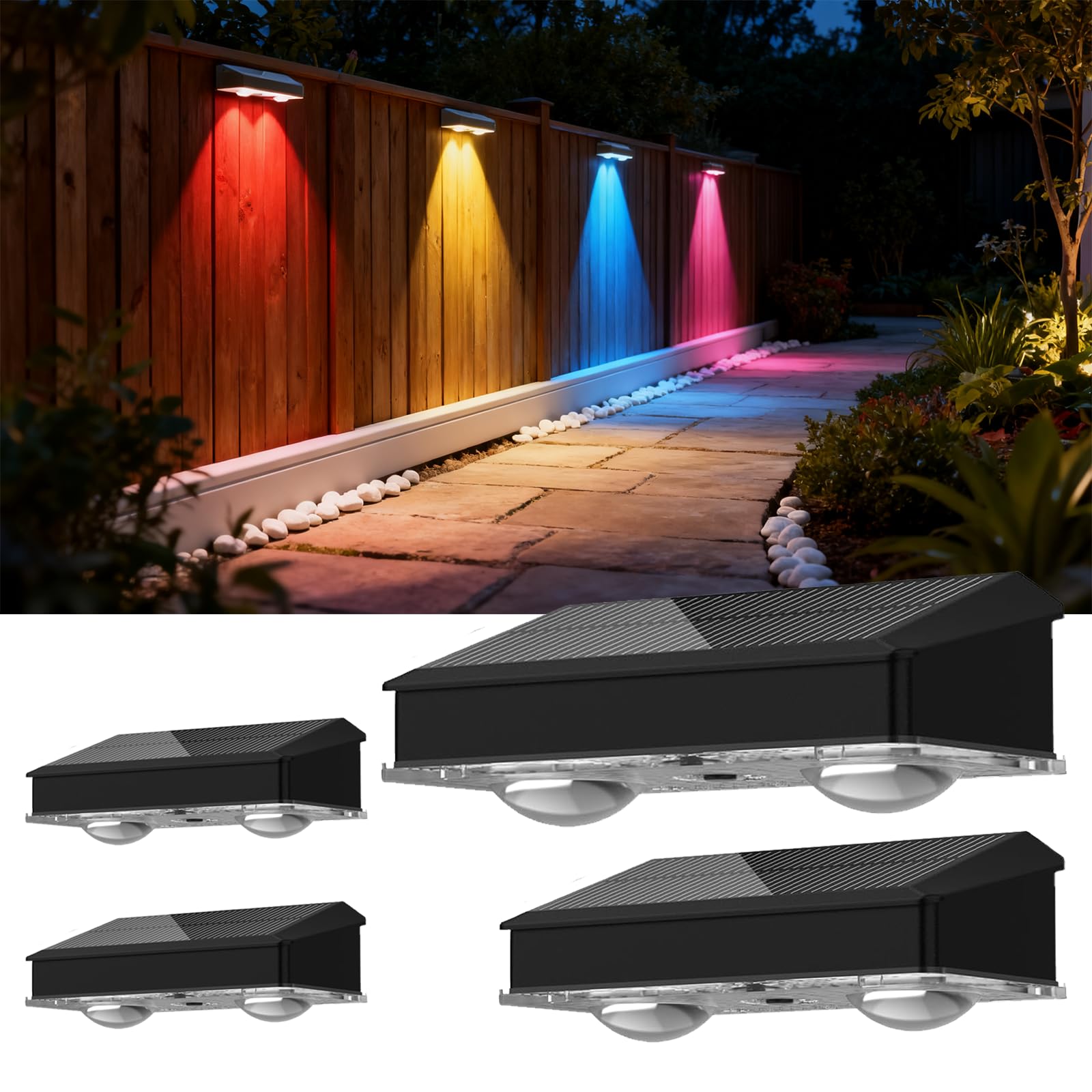 Beuaati Solar Lights Outdoor Garden [4 Pack], 9 RGB Color Changing Modes, IP65 Waterproof, Super Bright LED Wall Solar Lights for Fence, Balcony, Patio, Garden Decoration & Steps