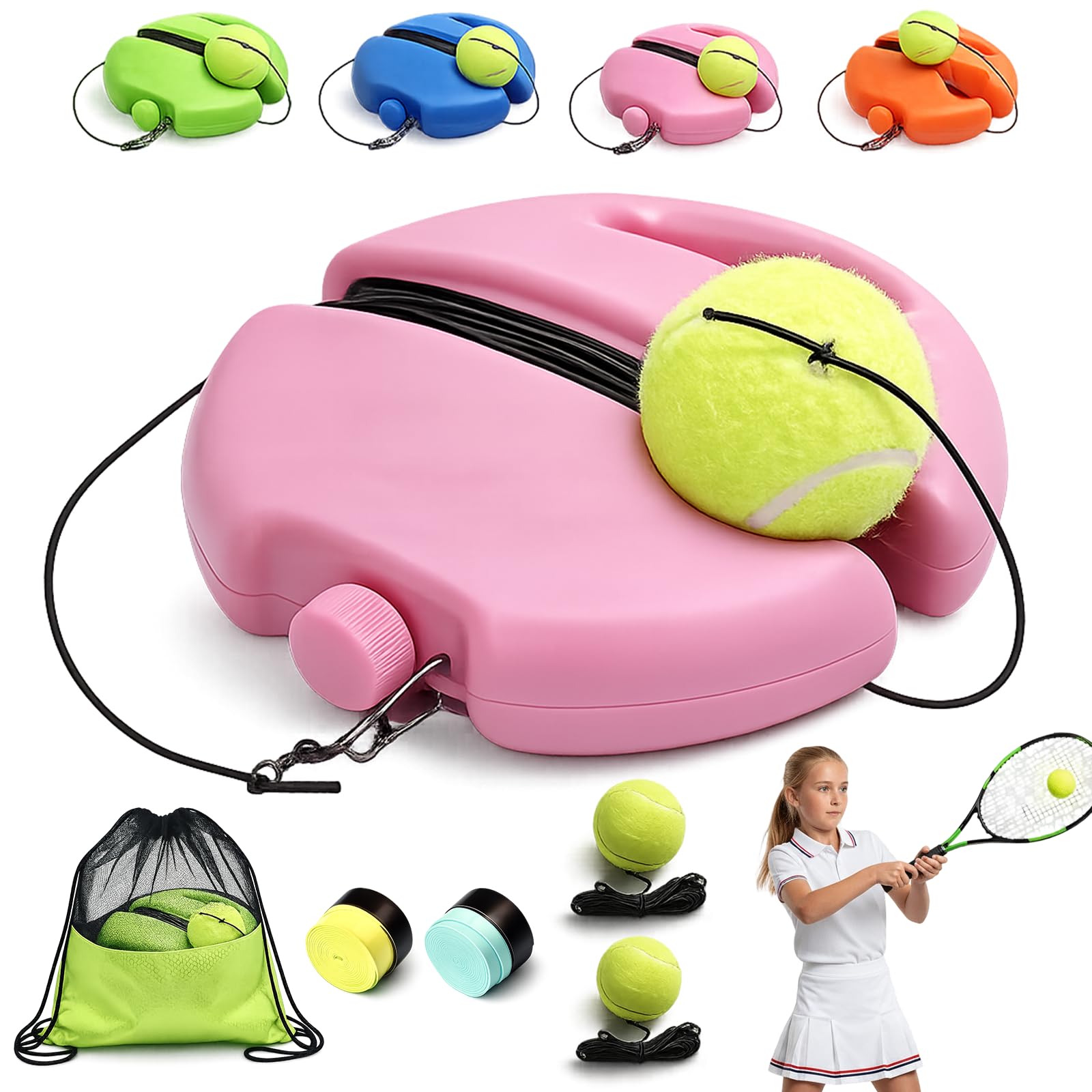 2026 New Tennis Ball Training Baseboard - Solo Tennis Trainer Rebound Ball with Anti-Tangle String & Weighted Anti-Slide Base, Portable Practice Equipment for Adults, Beginners (Pink,1Set + 2Ball)