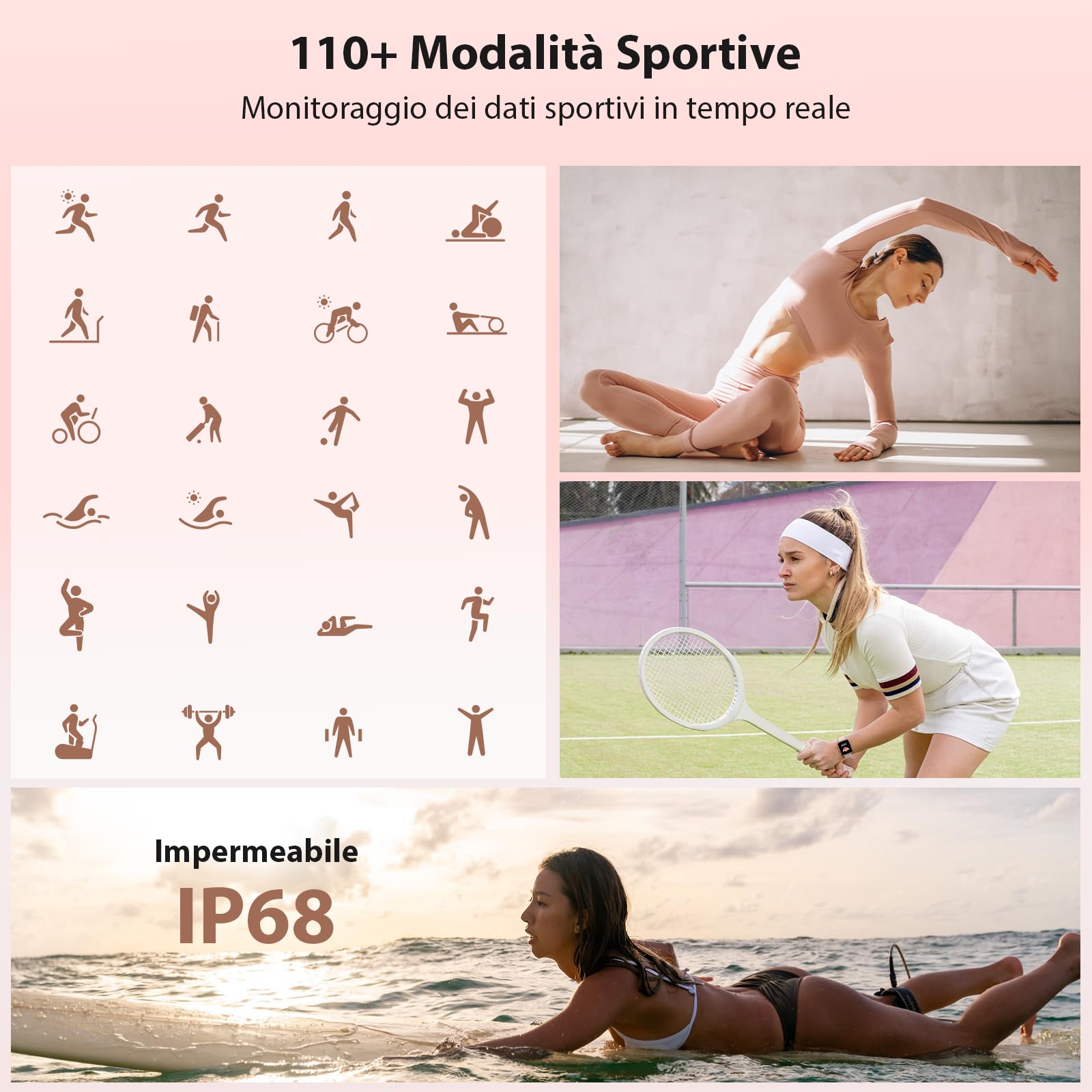 Smartwatch Donna, 1.85" Orologio Smartwatch con Chiamate e Notifiche WhatsApp, Fitness Tracker con Contapassi Sonno SpO2 Cardiofrequenzimetro, 110 Sportive, IP68 Smart Watch per Android iOS Rosa