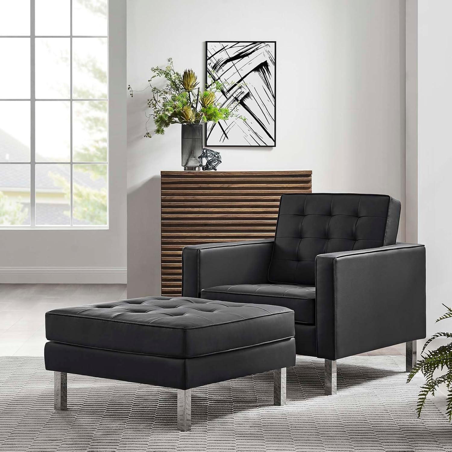 Modway EEI-6409-SLV-BLK-SET Loft Tufted Vegan Leather Armchair and Ottoman Set, Silver Black