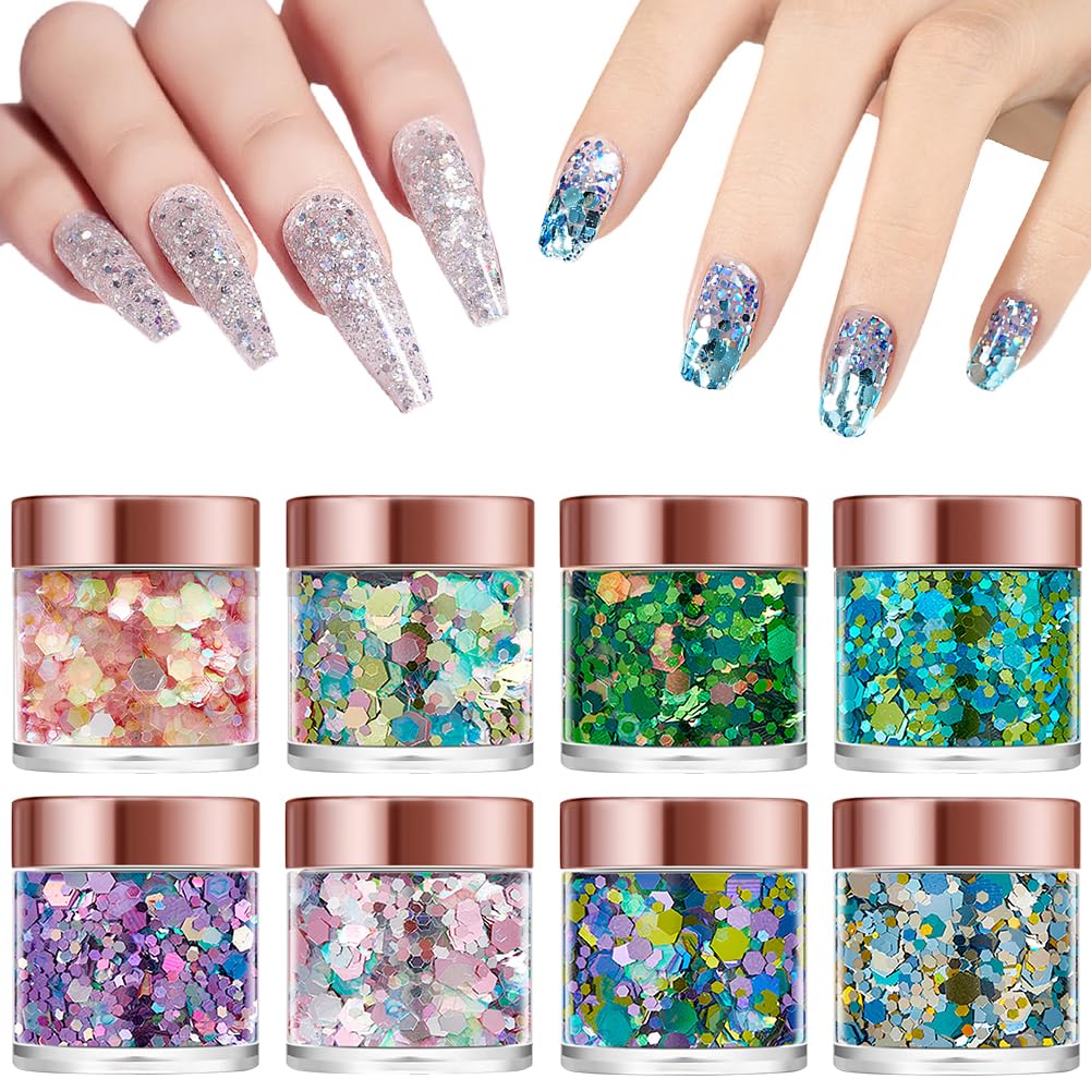 8PCS Nail Art Glitter Nail Sequins Glitter Metallic Shining Flakes Sequins Manicure Tips Nail Art DIY at Home Nail Supplies Nail Decorations Accessories