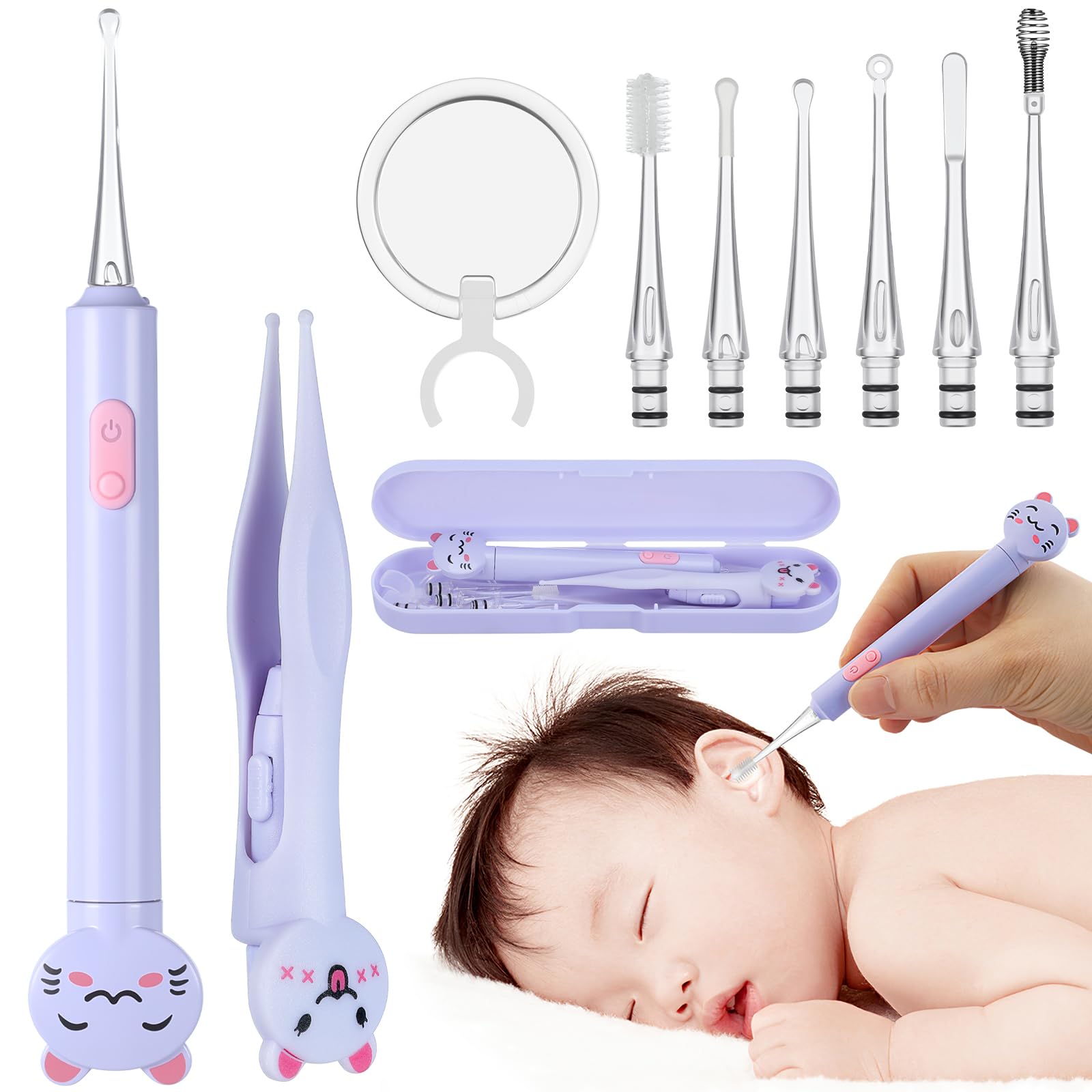 Ohrenschmalz Entferner for Babys, Cartoon Ohrenreiniger for Baby mit 6 Ersatzköpfen, LED Ohrreiniger Nasensauger für Erwachsene Kinder Kleinkinder Ear Cleaner Ear Wax Removal Ohr Reinigung