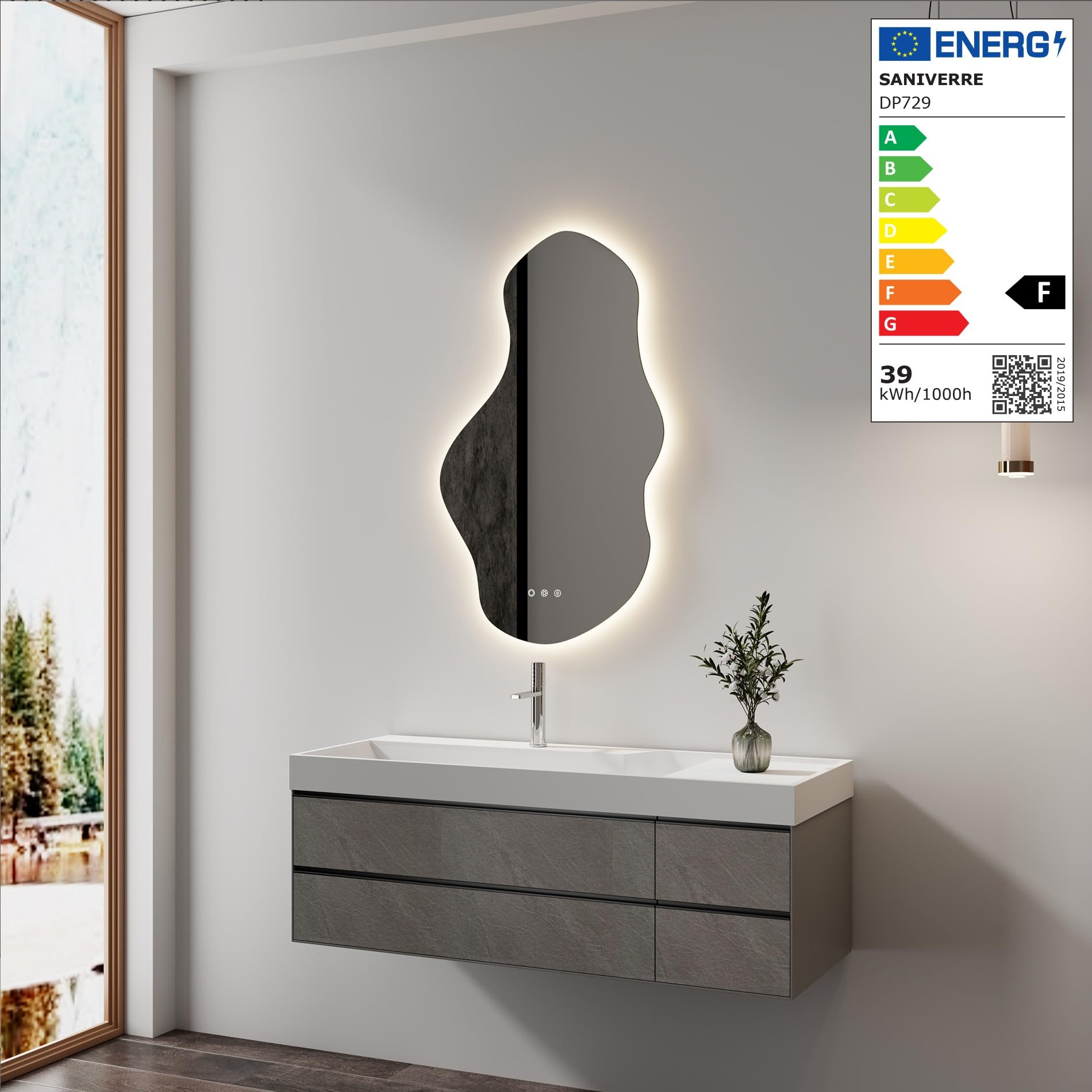 SANIVERRE Miroir LED Lumineux 60 x 100 cm réversible (2100 LMS) Tactile : antibuée + intensité et Couleur réglables - Collection Salle de Bain Onda