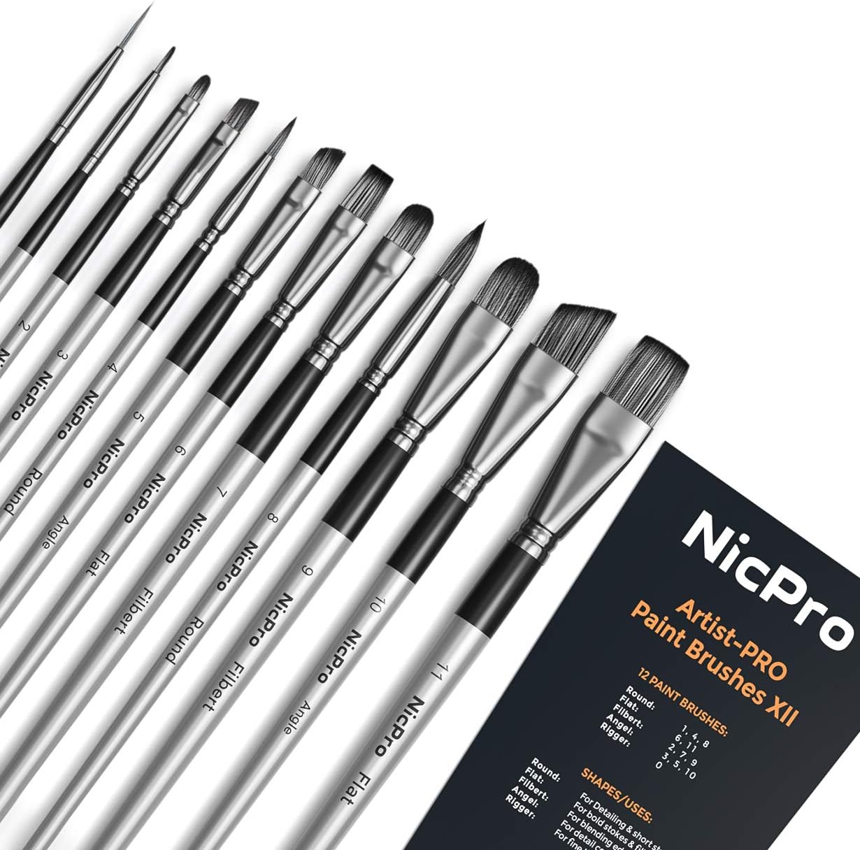 Nicpro 12 PCS Acrylic Paint Brushes Artist Taklon Painting