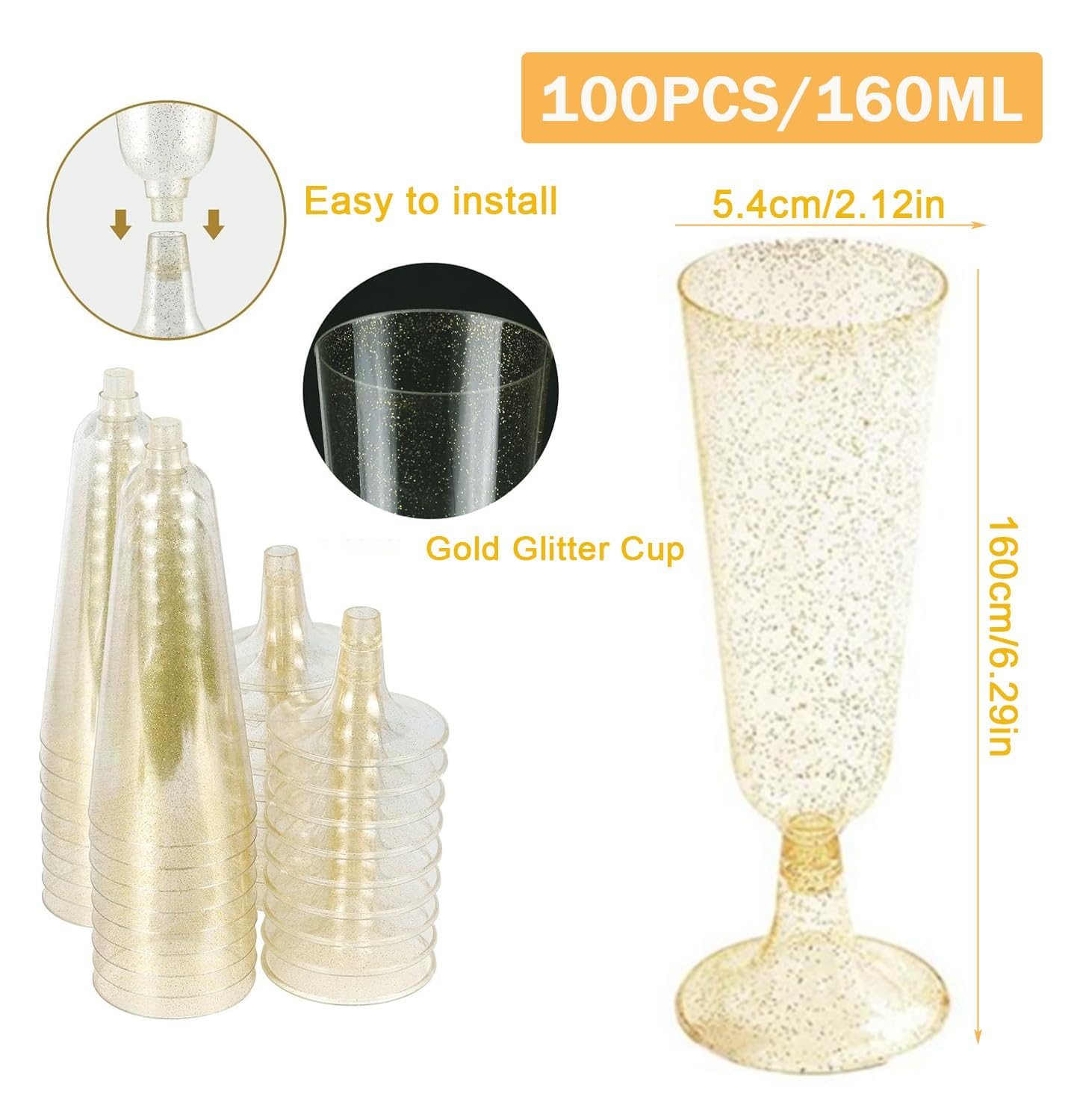JMIATRY 100 sztuk plastikowych kieliszków do szampana, 160 ml, z tworzywa sztucznego, ze srebrnym i złotym brokatem
