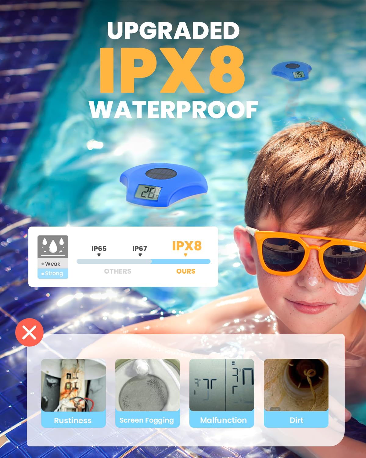 BALDR Pool-Thermometer Schwimmend, IPX8 Wasserdicht, Solarbetriebenes Pool-Thermometer, Geeignet für Schwimmbad/Whirlpool/Warmwasserquelle/Aquarium(Tiefblau)