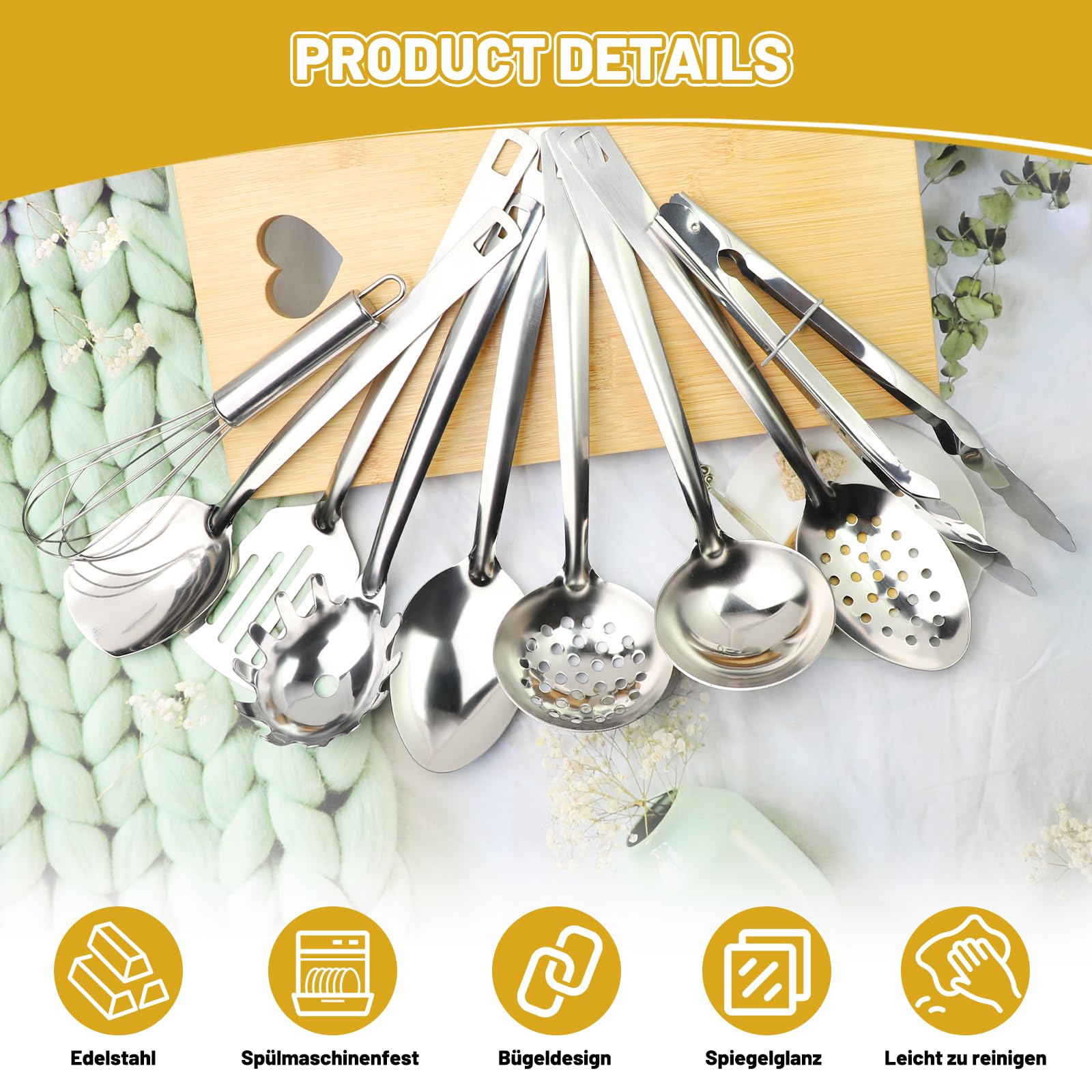 Juego de 9 utensilios de cocina de acero inoxidable – Herramientas de cocina con diseño de agujero colgante, utensilios de cocina, apto para lavavajillas, cucharón de acero inoxidable, espátula — view 3