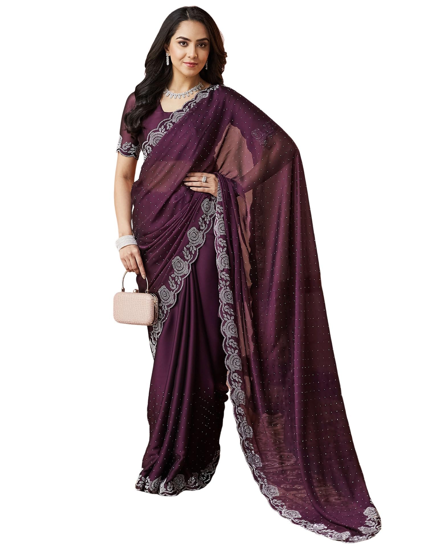 Women's Georgette Stone Work Saree With Unstitched Blouse Piece (4063S6382-Dark Purple)