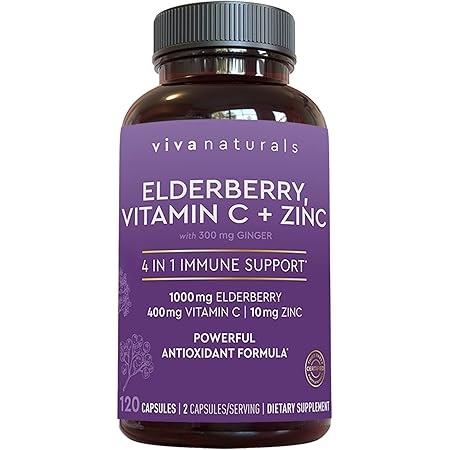 Elderberry, Vitamin C, Zinc, & Ginger Immune Support Supplement, 2 Month Supply (120 Capsules) - 4 in 1 Daily Immune Support for Adults