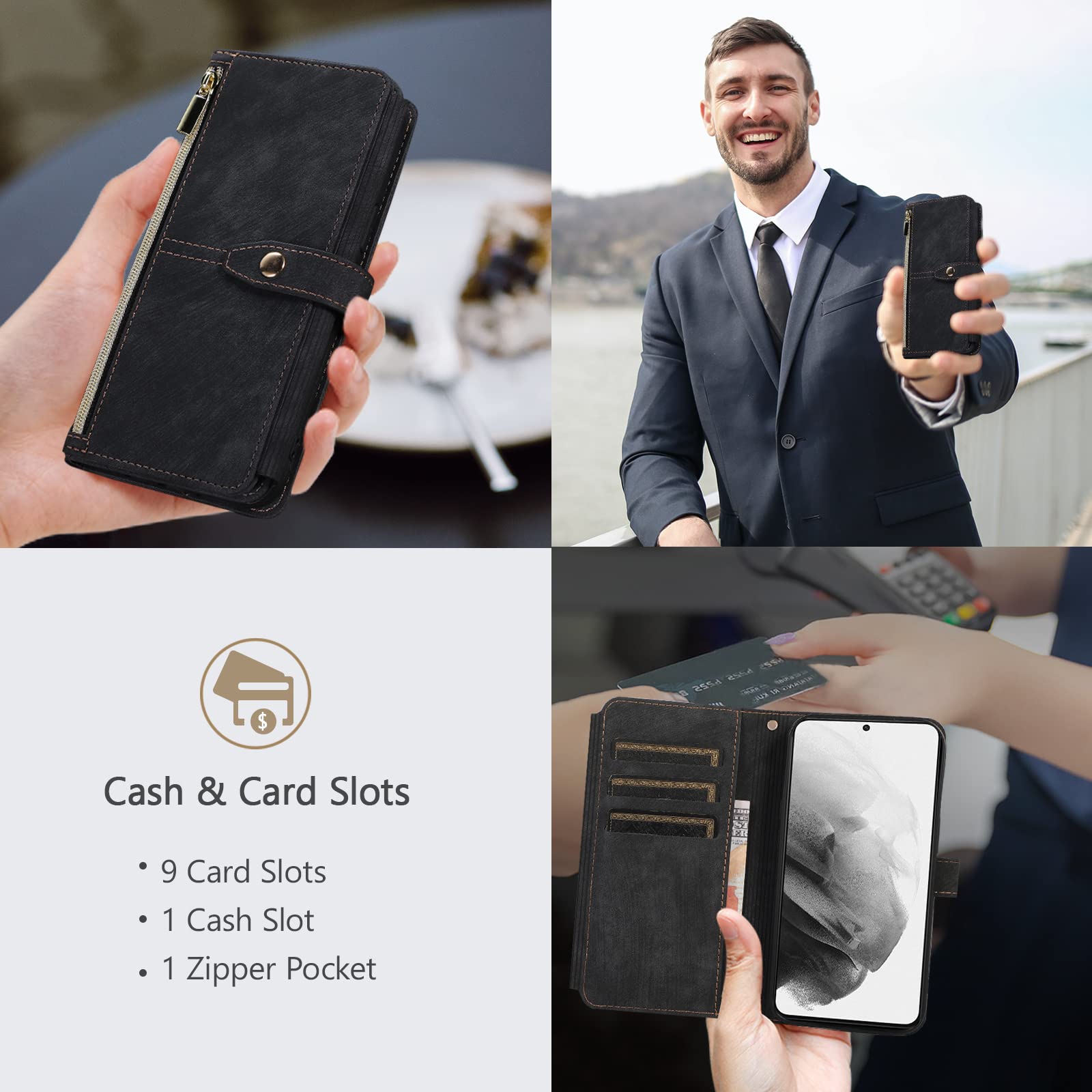 UEEBAI Etui do Samsung Galaxy S23 FE 5G, 9 przegródek na karty, retro, skórzane, z klapką, odporne na uderzenia, z paskiem na rękę, funkcja stojaka, zamek błyskawiczny, zapięcie na magnes, retro