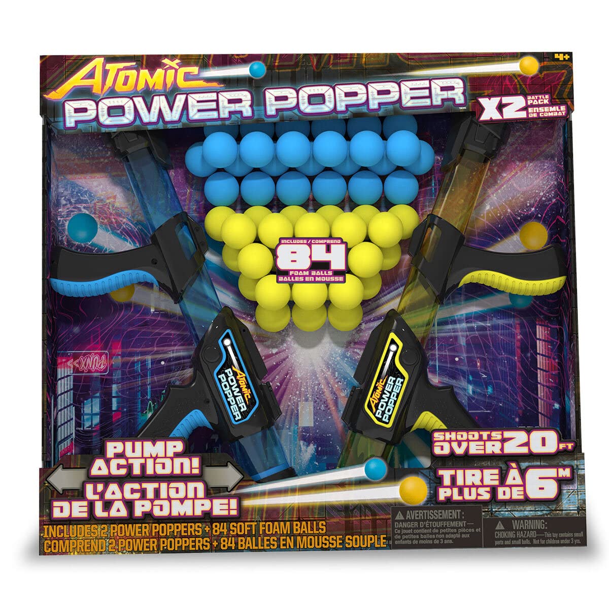 Hog Wild Atomic Power Popper 2 Guns Pack With 84 Soft Foam Balls Indoor or Outdoor Game, Blue Gun and Yellow Gun, Set for kids