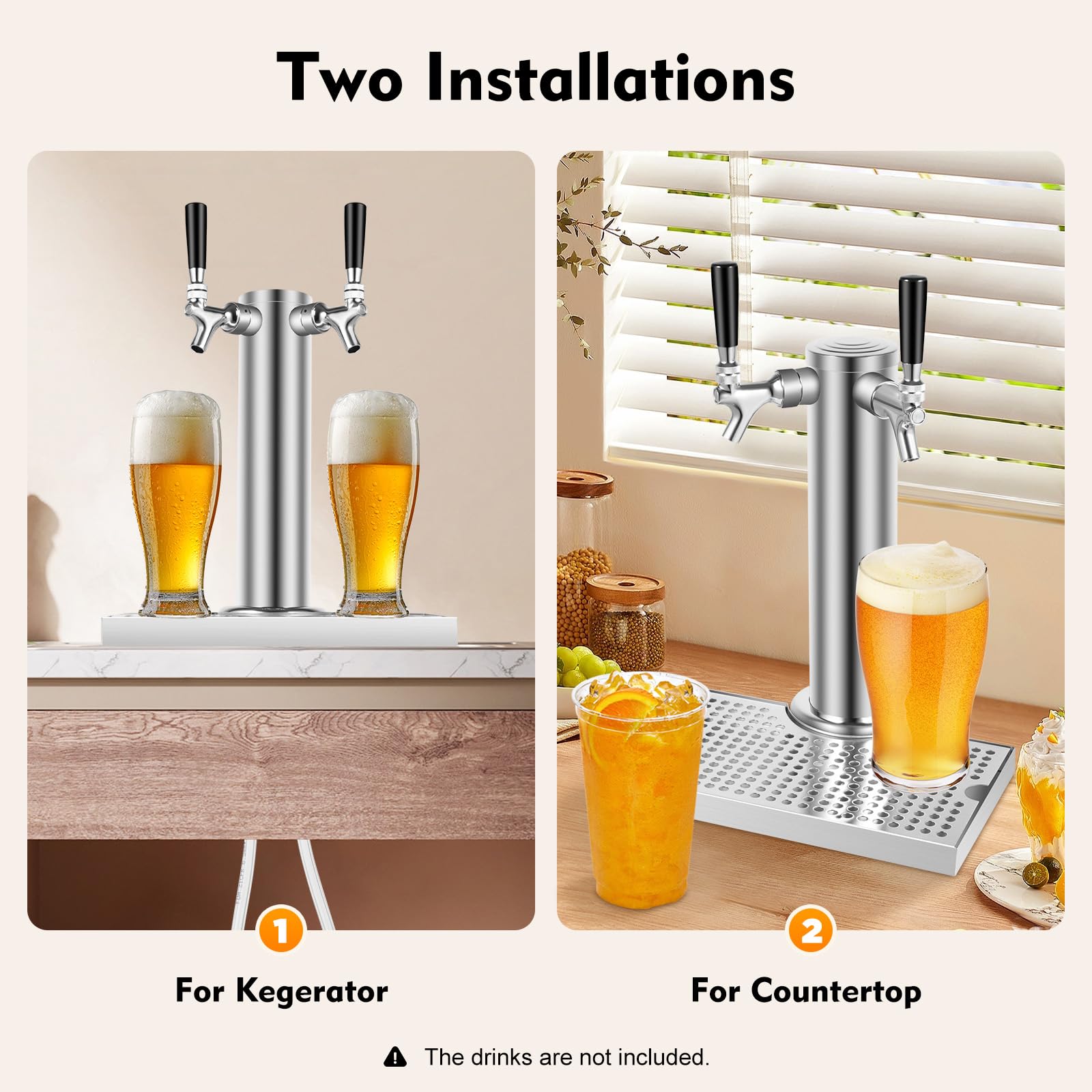 Dispensador de bebidas de acero inoxidable con 2 grifos, para cerveza, color plateado
