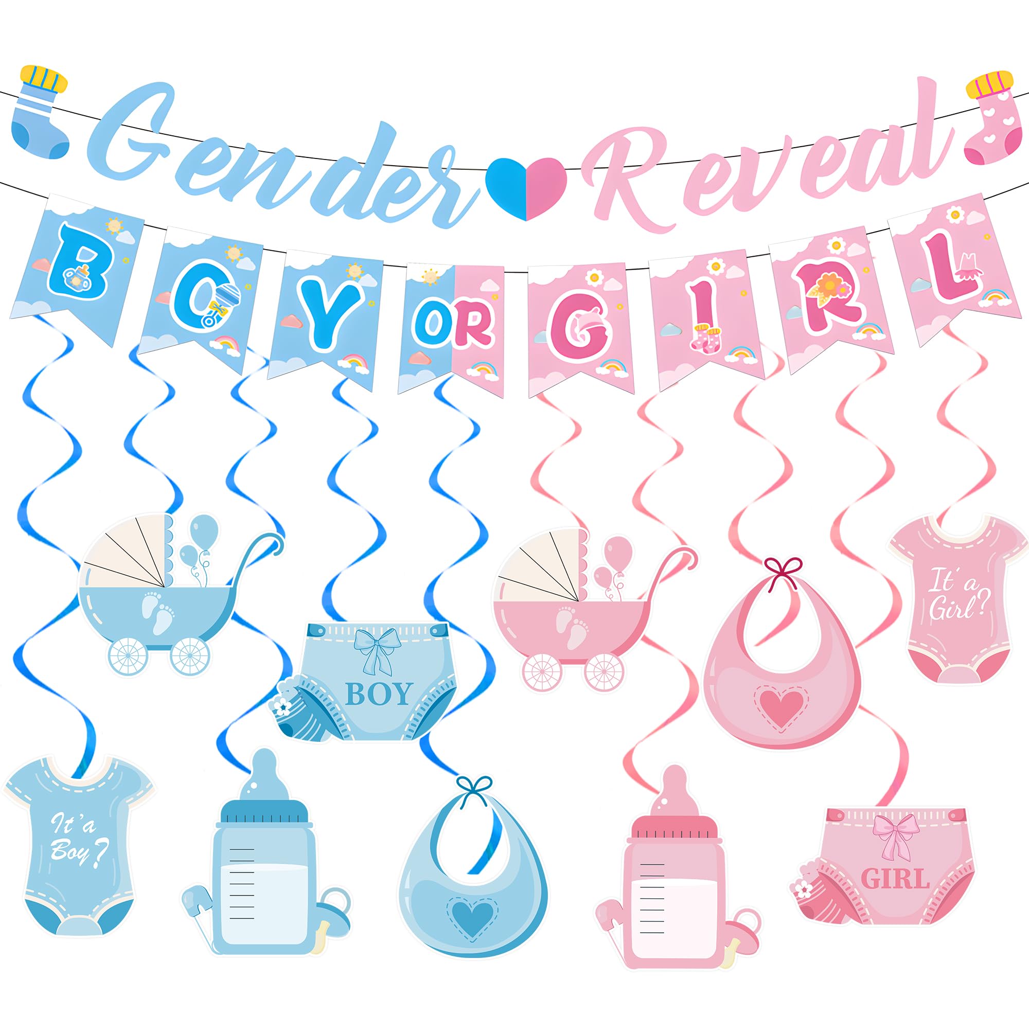 Baby Shower Gender Reveal Decoration - 12 Pcs Pink and Blue Boy or Girl Banners, Gender Reveal Letter Banner, Bottle Hanging Swirls for Boys Girls Baby Shower Party Supplies