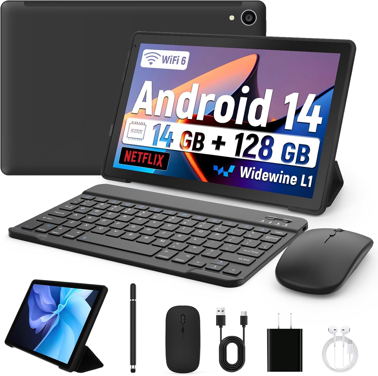 Whitedeer 10 inch Tablet Android 14, 14(4+10) GB+128GB, Octa-Core Tablet, 800 * 1280 HD丨WiFi 6丨BT 5.0丨5000mAh丨5MP+8MP, Widevine L1, Tablet with Keyboard丨Mouse丨Stylus丨Tablet Case丨 Headphone(Black)