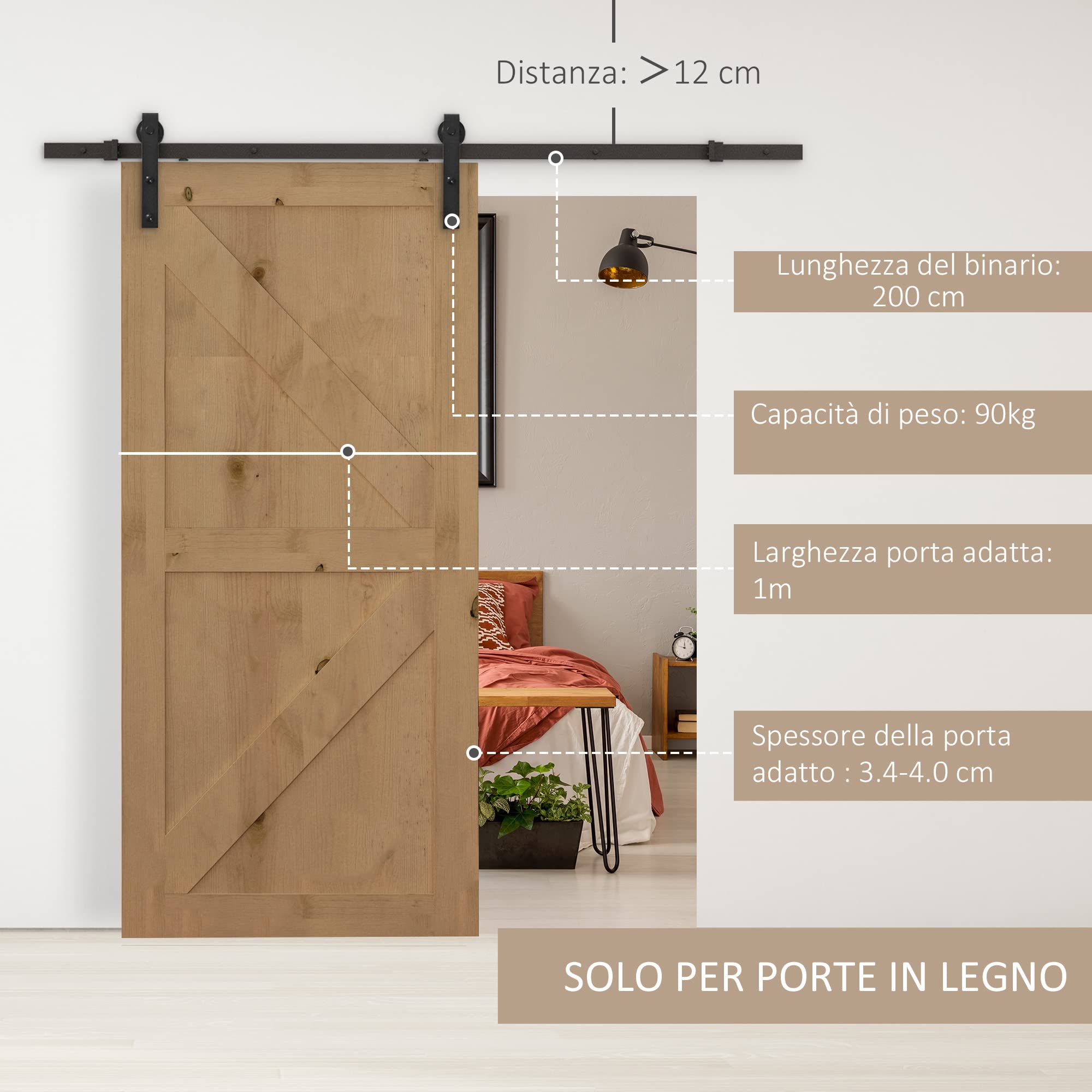 HOMCOM 200cm Binario per Porta Scorrevole Kit Accessori con Binario e Rulli Tappi in Stile Rustico Portata 90kg Acciaio al Carbone Nero
