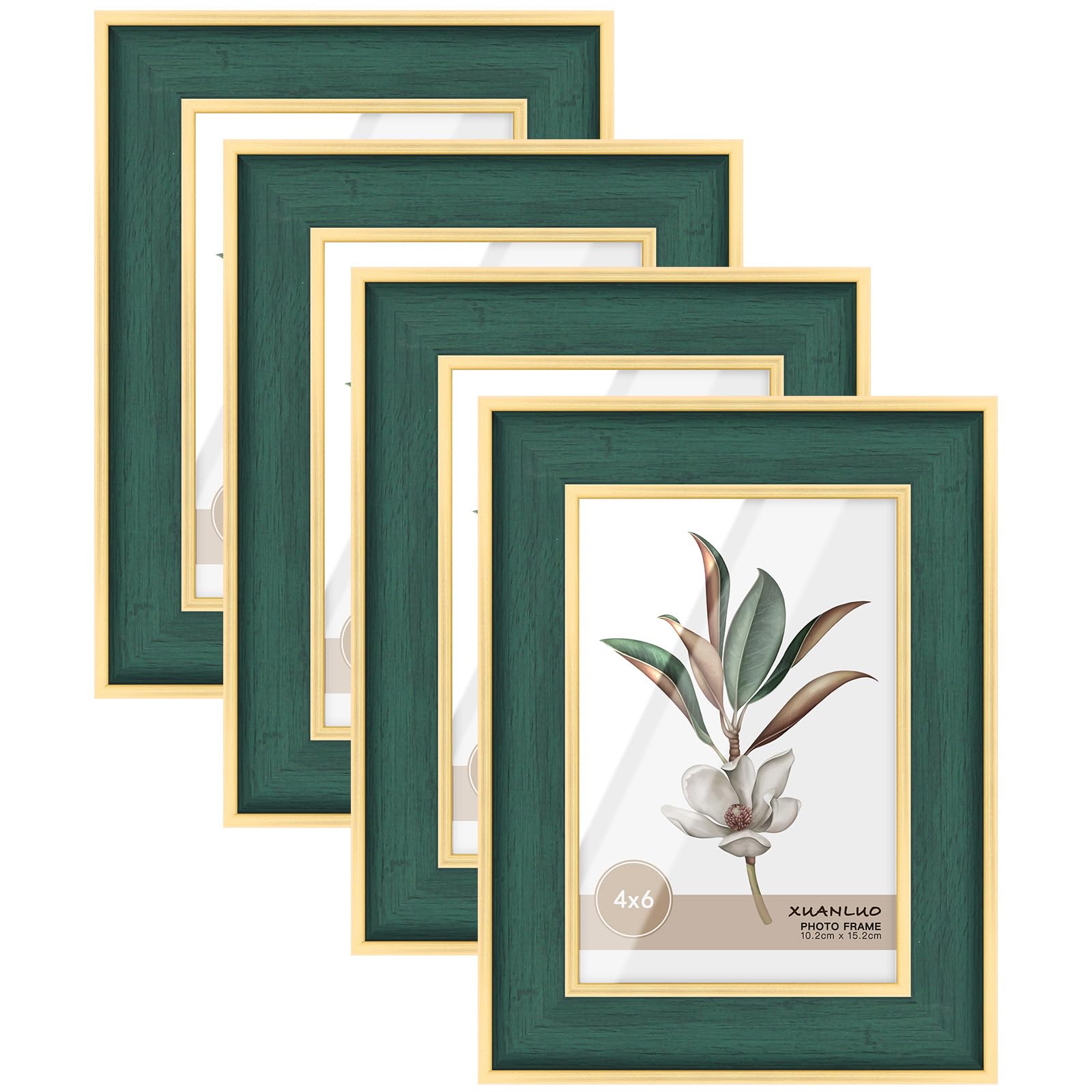 XUANLUO 4 Pack 6x4 Picture Frames with Modern Style,Matted for 4x6 inch Photo Frames, 15 x 10 cm Green Color Farmhouse Rustic Photo Frame (4x6 inch) (green, 4X6)