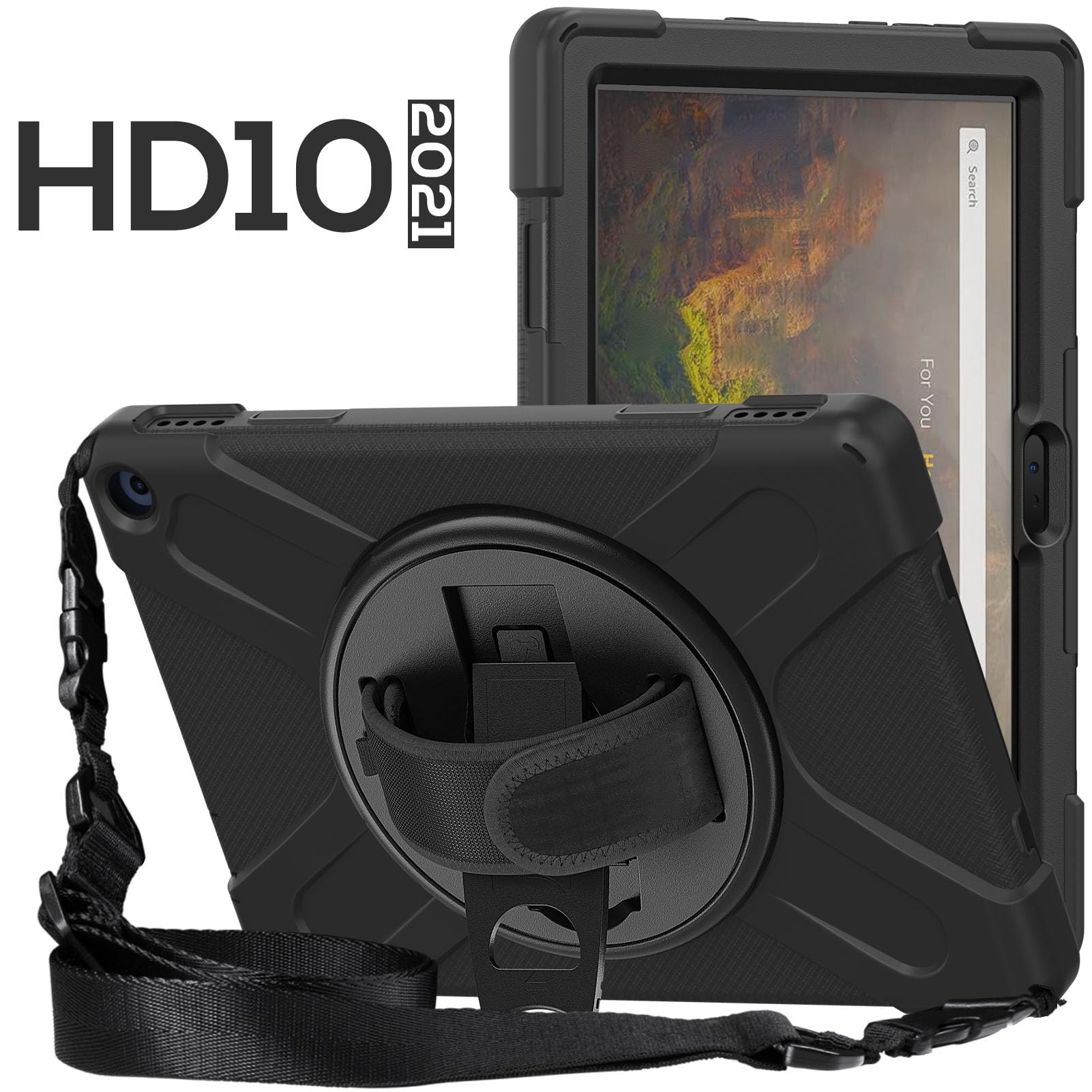 Lazmin112 Custodia per Tablet Fire HD 10, Copertura per Tablet a Protezione Multipla Staffa Girevole a 360 Gradi con Spallacci Custodia Antiurto, Custodia per HD 10 Plus 2021 (Nero)
