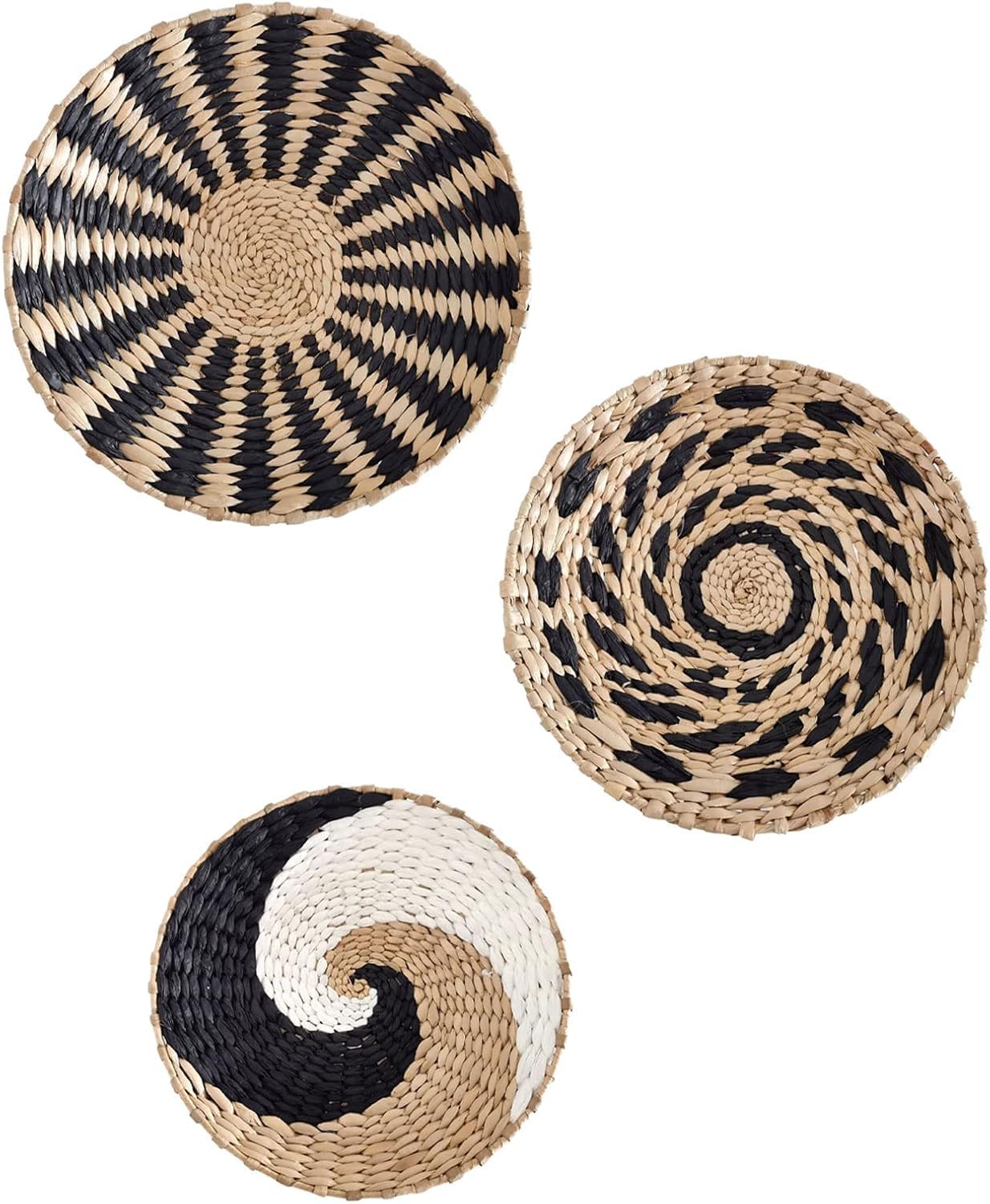 GFYWZ Juego de 3 cestas de pared decorativas bohemias para colgar en la pared, decoración para colgar, cestas redondas de mimbre planas para sala de estar, dormitorio, cocina, decoración de cesta de