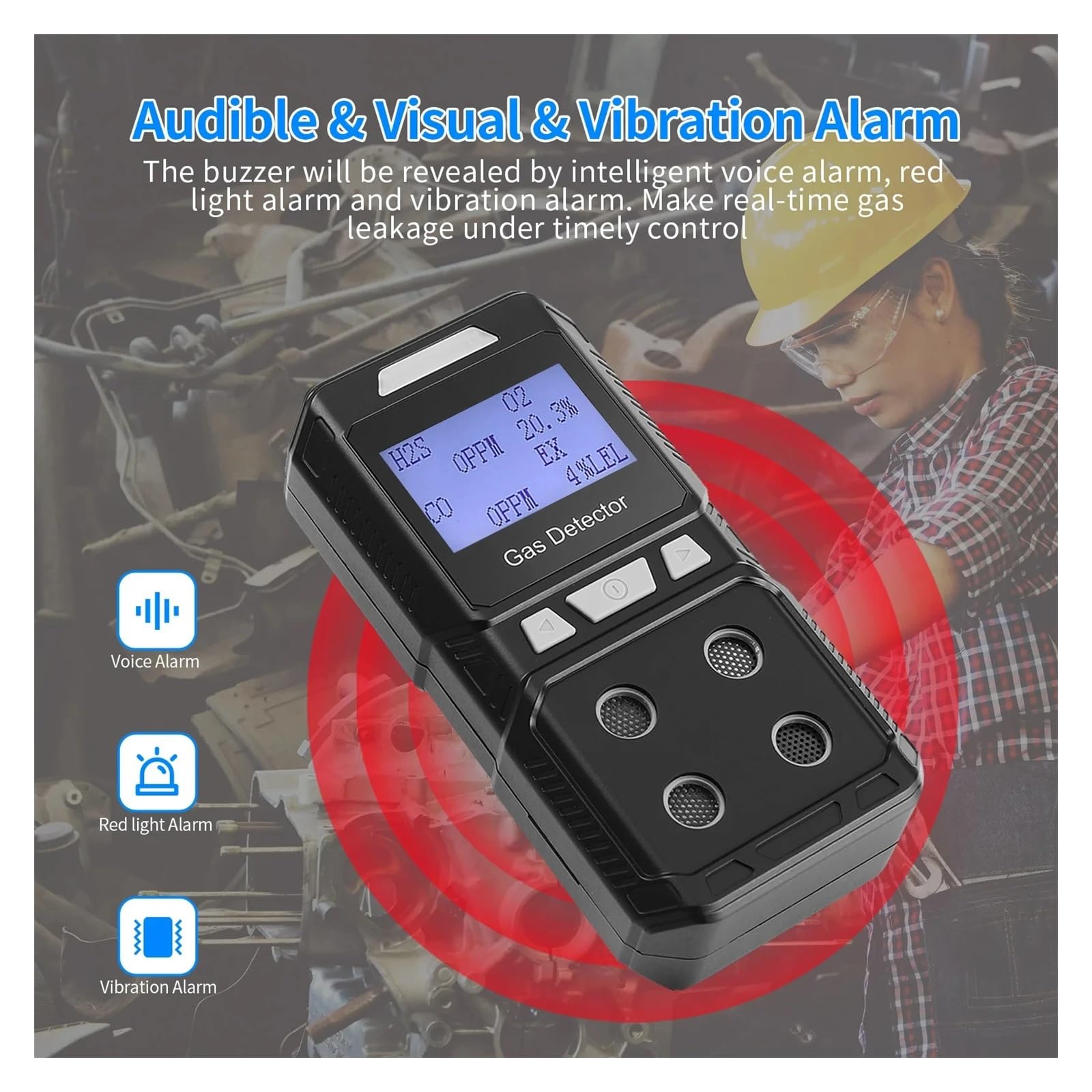 Détecteur de gaz, Détecteur de gaz Portable 4 en 1, testeur qualité l'air, analyseur Rechargeable, Haute précision, EX O2 H2S CO(B) 4in1 Gas Detector