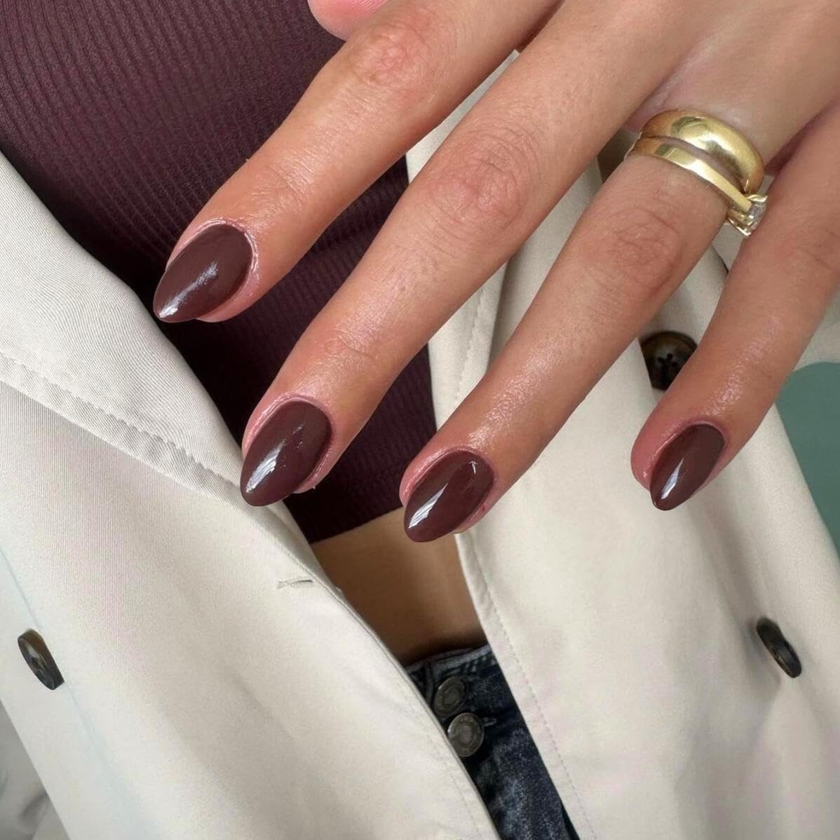 SXVME Dark Brown False Nails Short Oval, Simple Acrylic Press on Nails Short