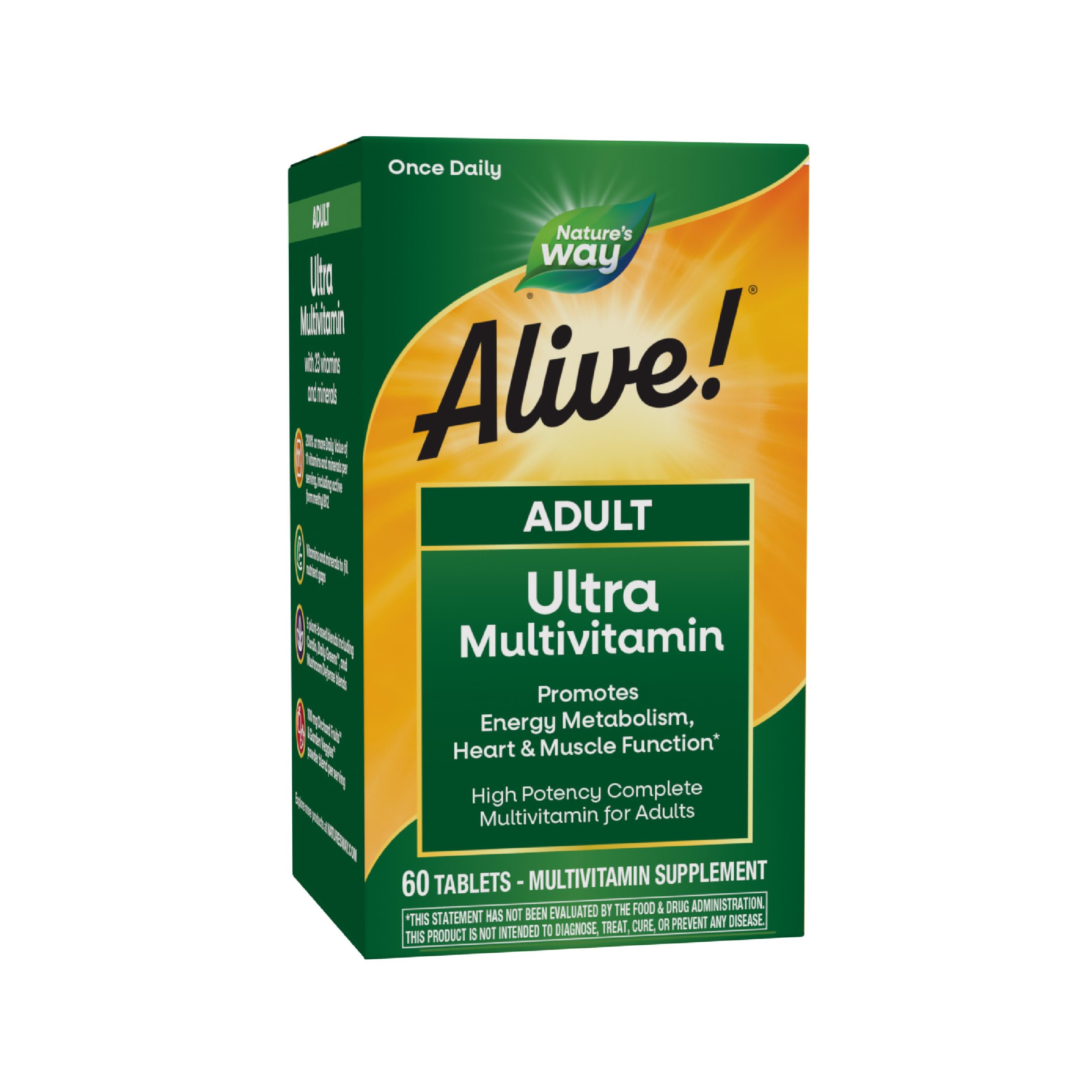 Nature's WayAlive! Adult Ultra Multivitamins, Promotes Energy Metabolism, Heart & Muscle Function*, with B-Vitamins Including Methylated B12, Gluten Free, 60 Tablets