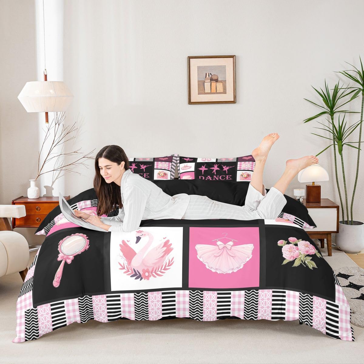 Homewish Czarny Różowy Taniec Motyw Dziewczyny King Zestawy Poszwa Na Kołdrę Balet Buty Tancerz Kokarda Pościel Kokarda Kwiatowa Poszewka Na Kołdrę Kobiety Dorośli Ciepłe Miękkie Pościel Zestaw Łóżek