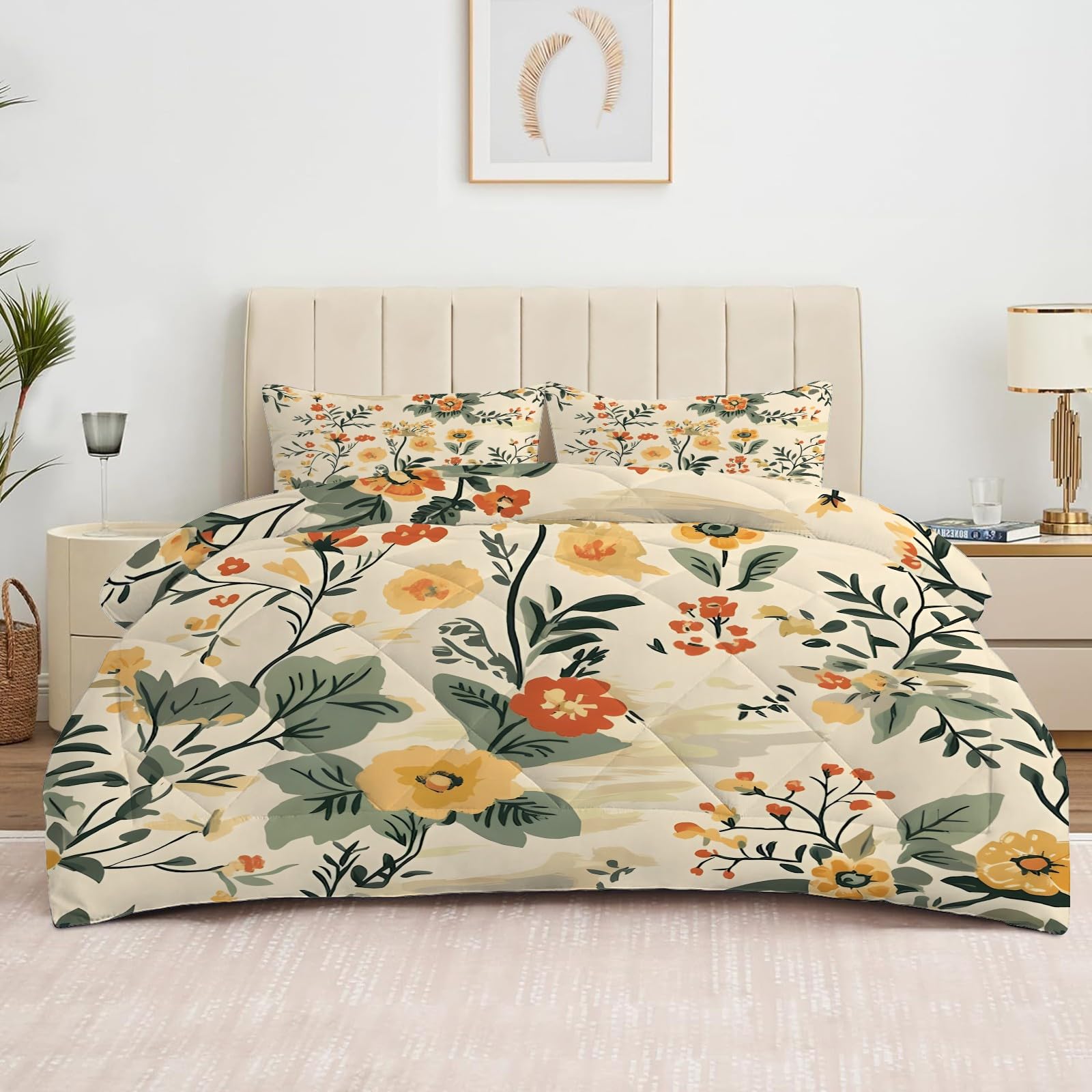 Edredon Cama 90 Rama de Flores, Relleno Nordico 135x200 4 Estaciones, Edredón Reversible Acuarela, Edredones Nordicos Estampados Floral con 2 Fundas de Almohadas 50x75 cm, Lavable G-639