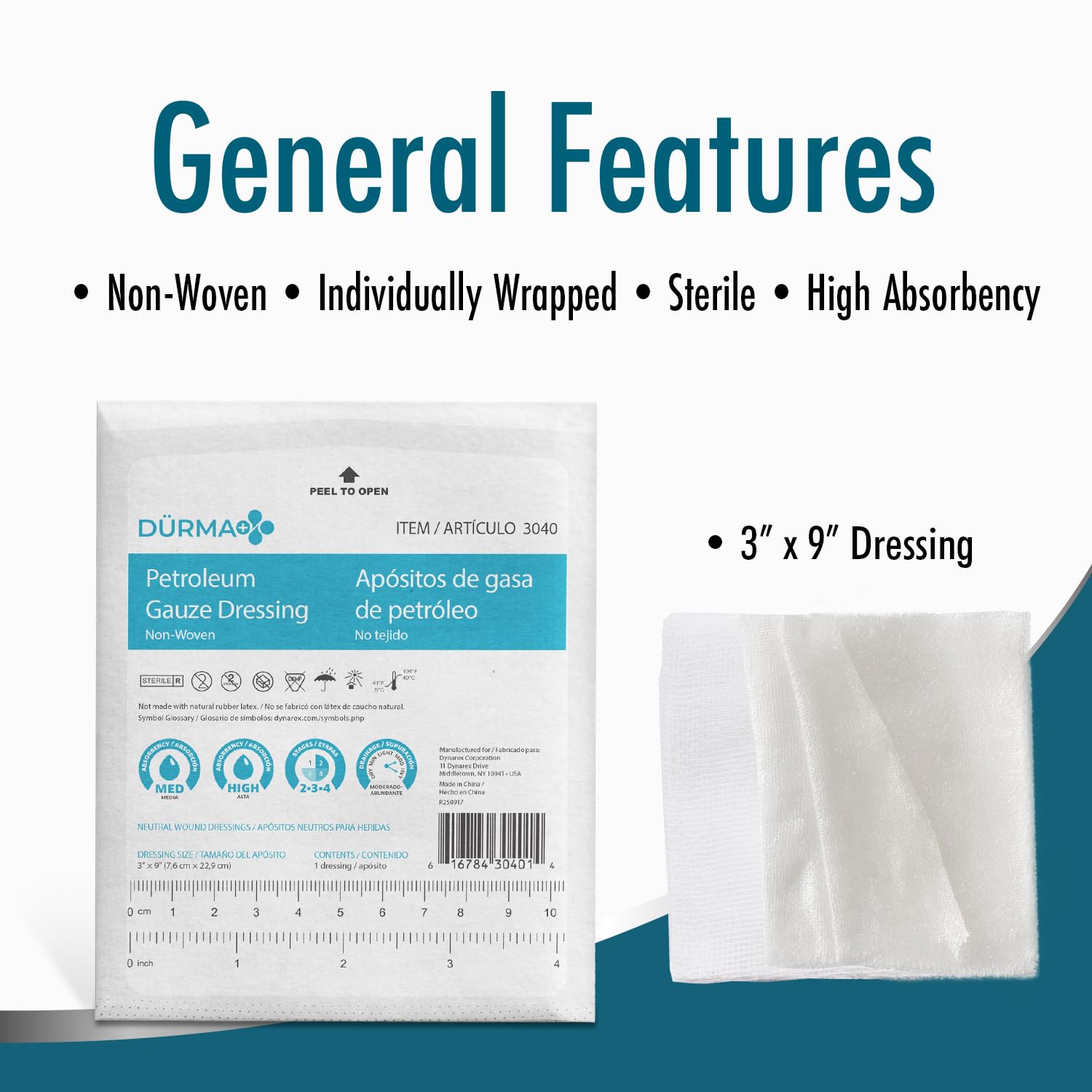Dynarex Dürma+ Petroleum Gauze Dressings - Sterile Non-Adherent Impregnated Gauze Pads - Maintains Moist Environment and Minimizes Sticking - 3" x 9" - 12 Per Box — Amazon image 2