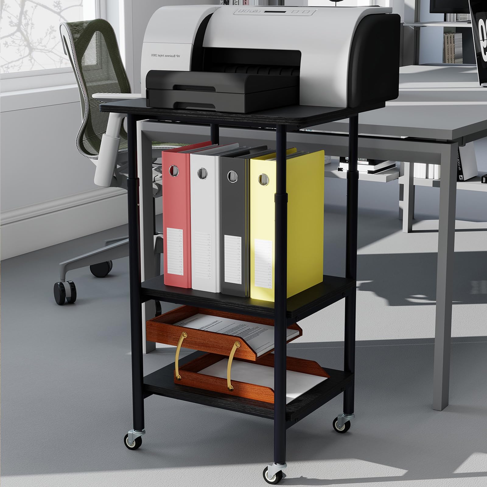 SOARS Supporto per Stampante a 3 Livelli, Tavolino Porta Stampante con Ruote Bloccabili e Altezza Regolabile, per Stampante 3D, Scanner, Fax, per Studio e Ufficio, 49 x 40 x 65/77 cm (Nero)