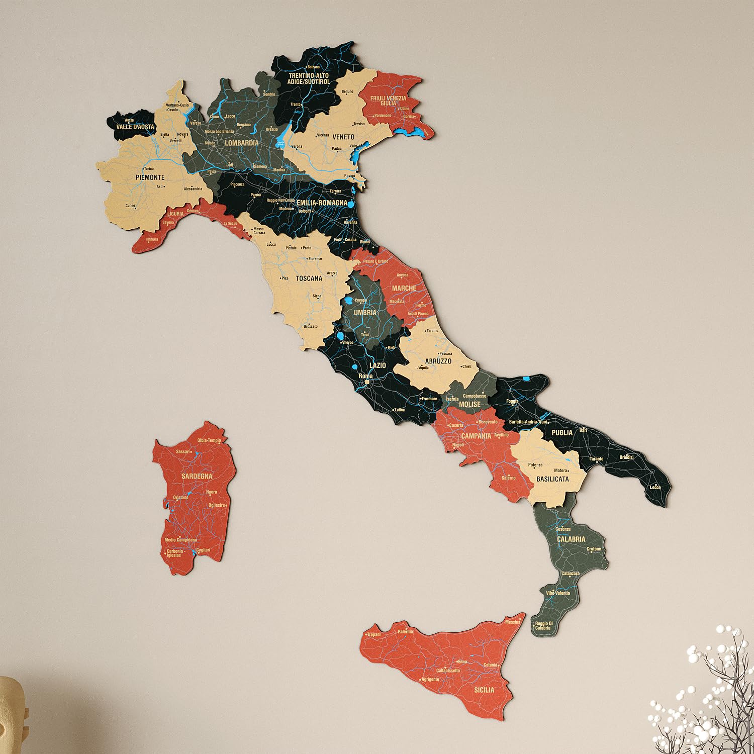 Colorfull Worlds Mappa 3D in legno dell'Italia, decorazione da parete italiana