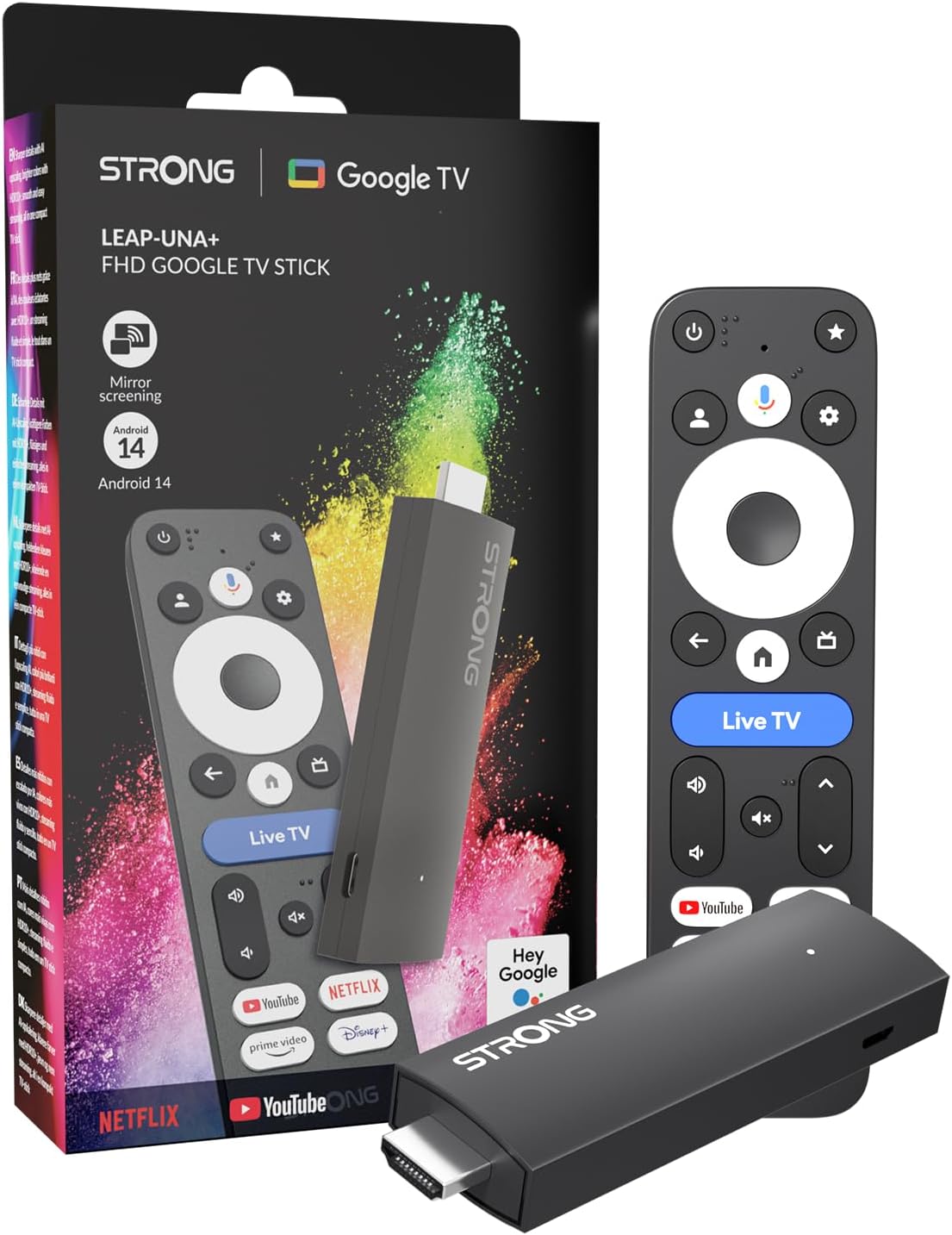 Chiavetta TV STRONG LEAP-UNA+ con Android 14, memoria da 8 GB, HDR10+, HLG, controllo vocale, Bluetooth 5, dispositivo di streaming per aggiornamento Smart TV FHD