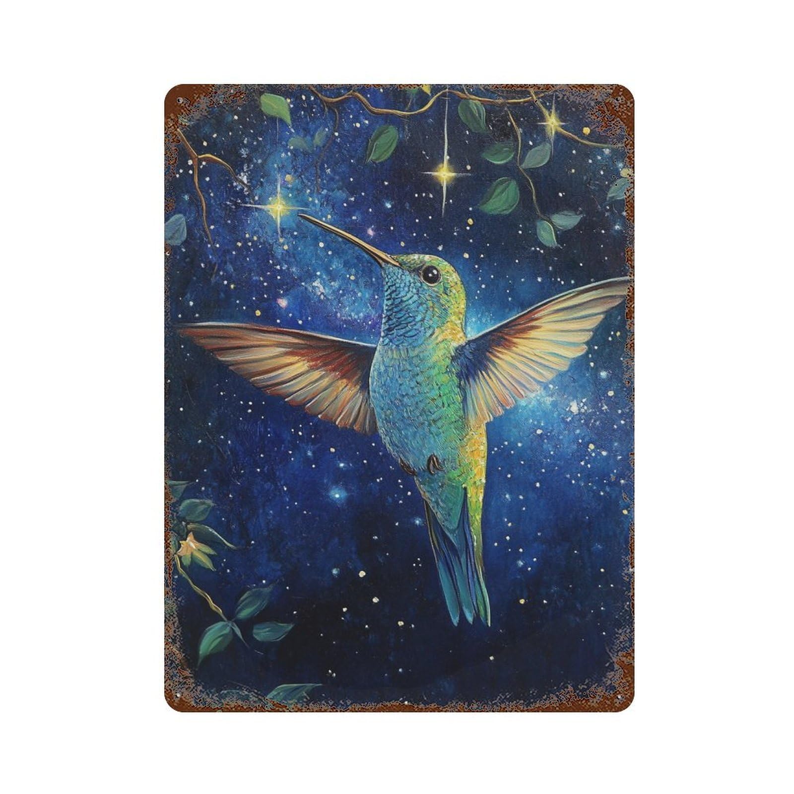 Vintage Rust Metal Sign Hummingbird Night Sky Art Print 15.7"x11.8", Novelty Wall Decor for Office, Studio And Wall Decor